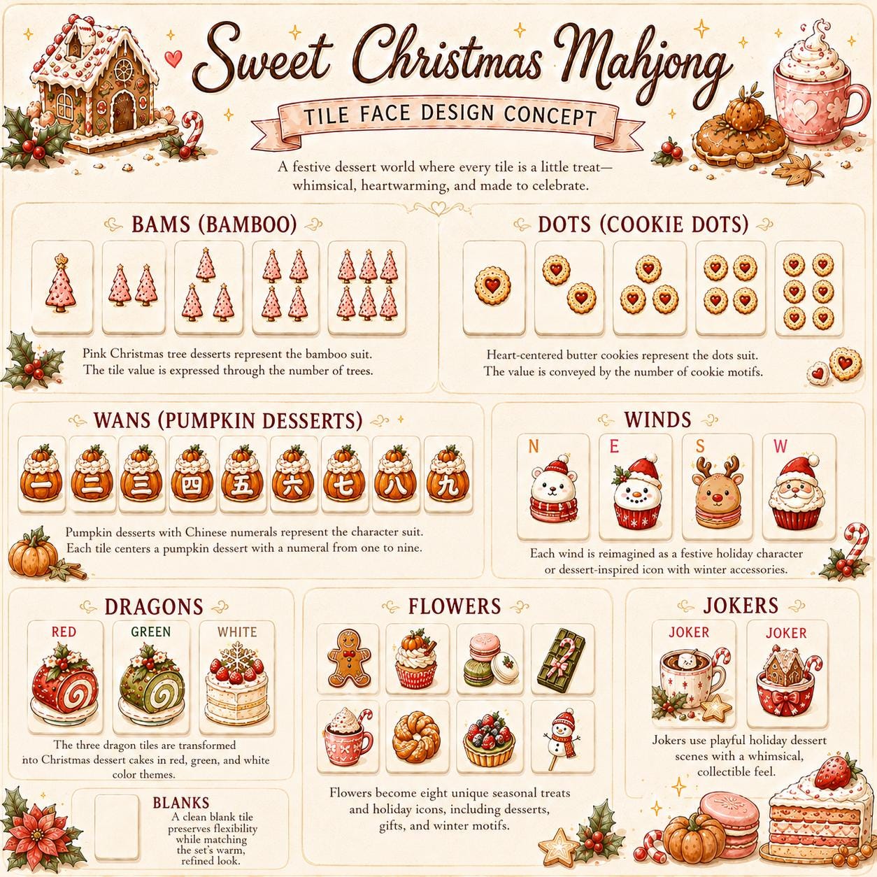 Cute Christmas Acrylic American Mahjong Set, 160 Tile Holiday Mahjong Tiles, Sweet Dessert Theme with Gingerbread & Sant