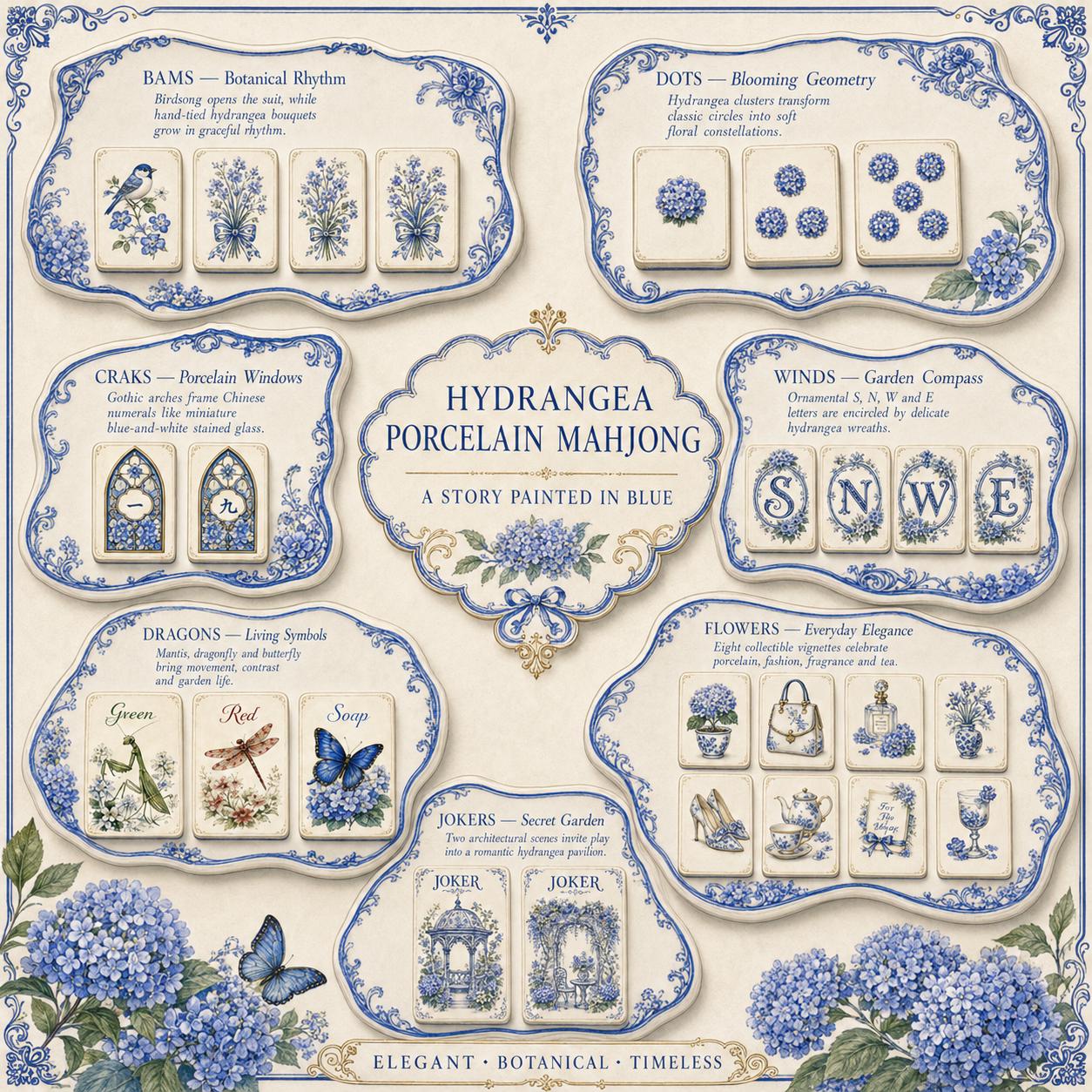 Hydrangea Acrylic American Mahjong Set, 160 Tile Blue & White Floral Mahjong Tiles,Porcelain Inspired Butterfly Design,U