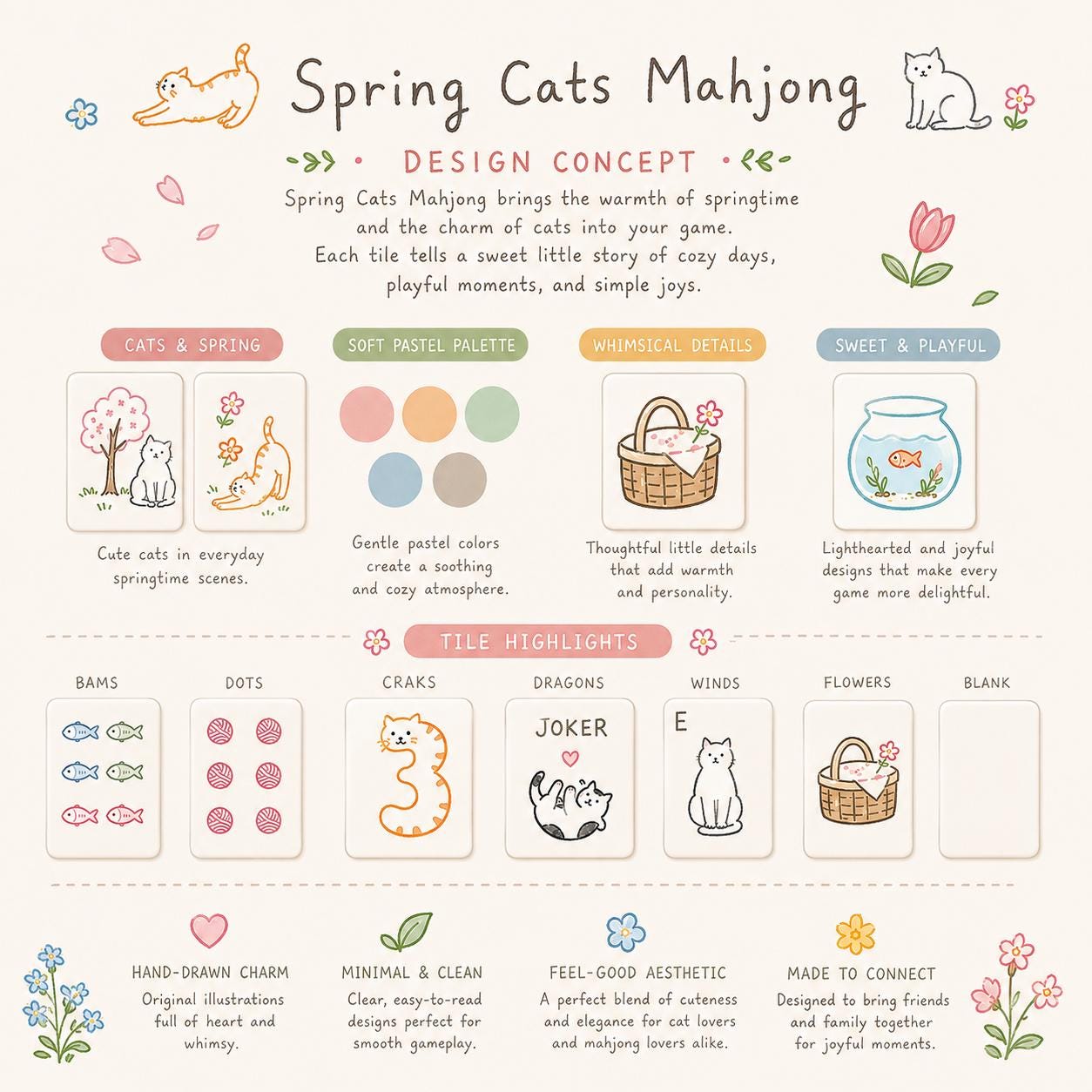 Spring Cats American Mahjong Set, 160 Glossy Acrylic Tiles, Soft Pink Layered Edges, Whimsical Cat Artwork, Cat Lover Gi
