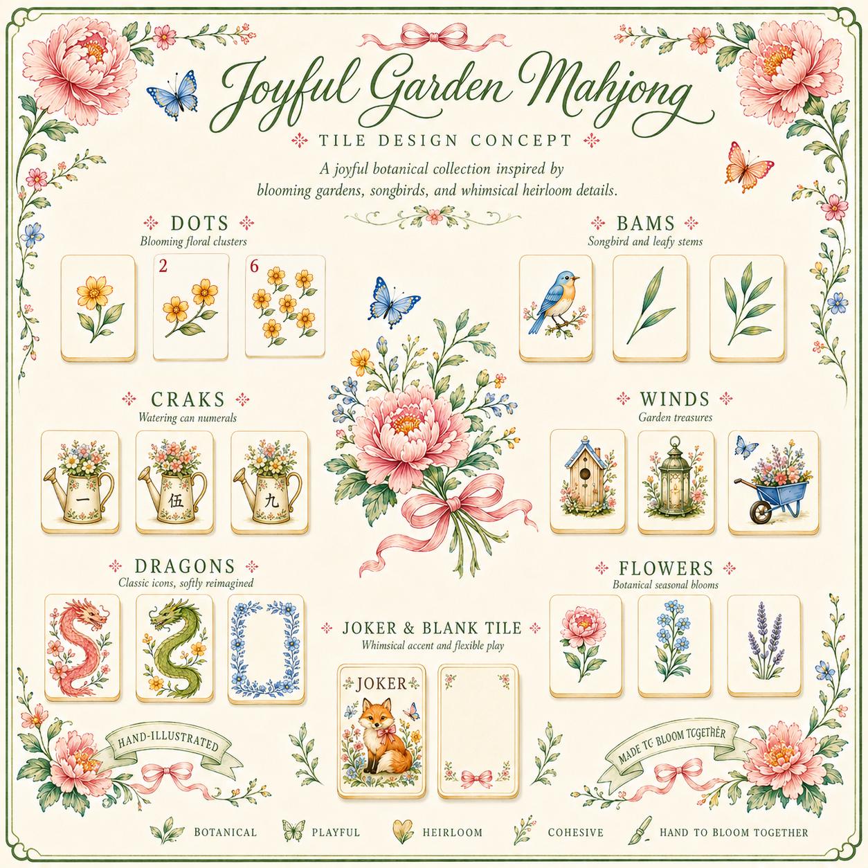 Botanical Acrylic Mahjong Set, Floral Garden Mahjong Tiles, Vintage Flower Illustration American Mahjong Game, Gift for