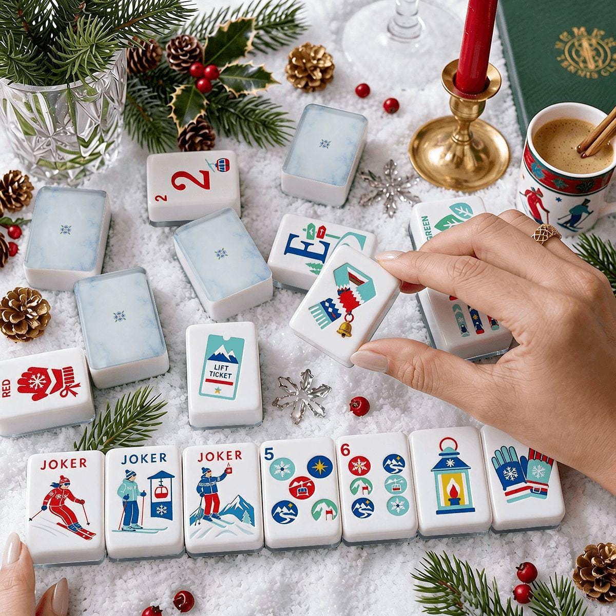 Alpine Slopes Mahjong Set 160 Tiles, Marble Back Acrylic Mahjong, Après Ski Holiday Game Night, Unique Gift for Her - 4