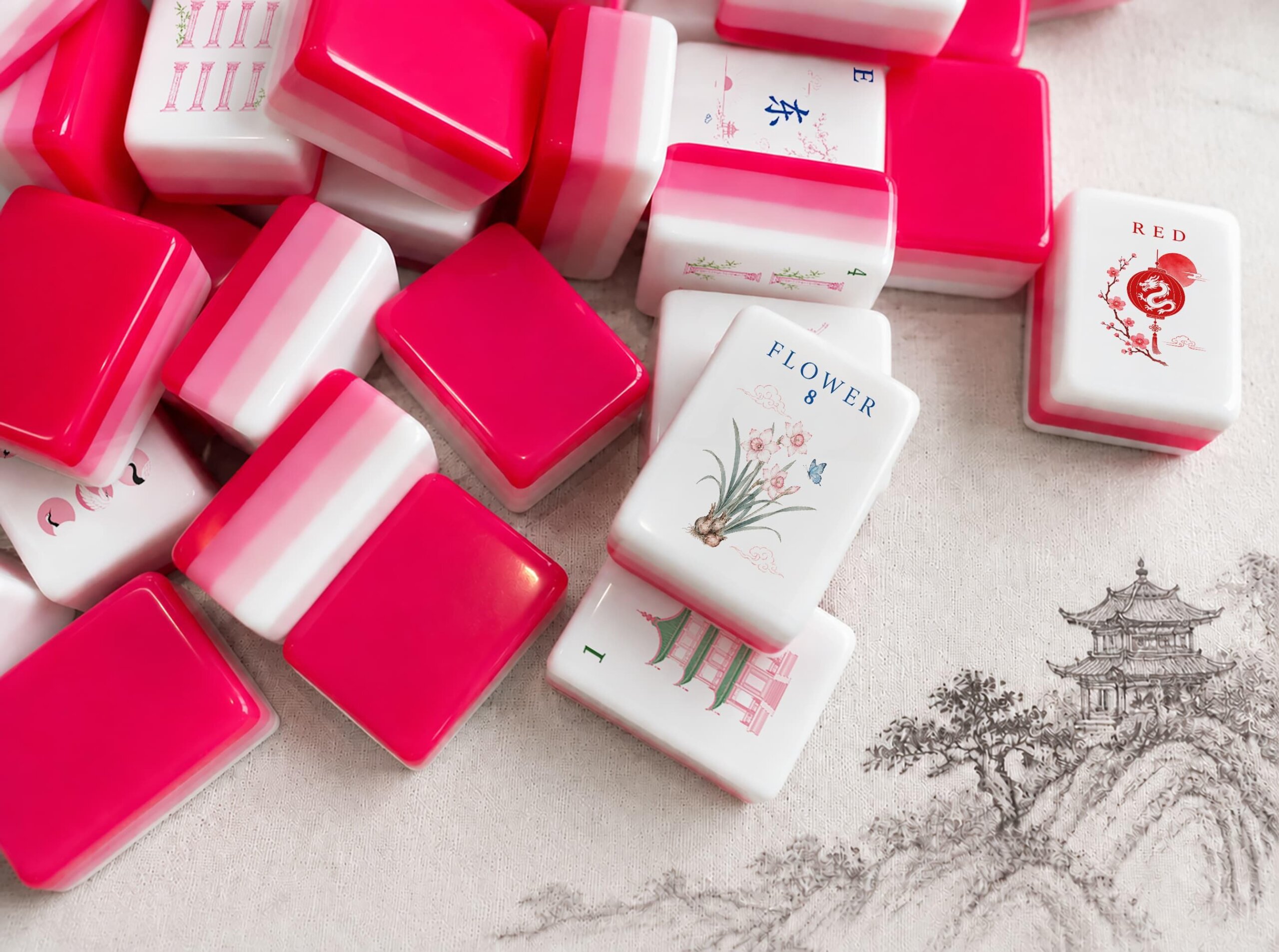 Pink Acrylic American Mahjong Set | UV Printed Floral Mahjong Tiles | 160 Tile Luxury Game Set | Gift for Mahjong Lovers