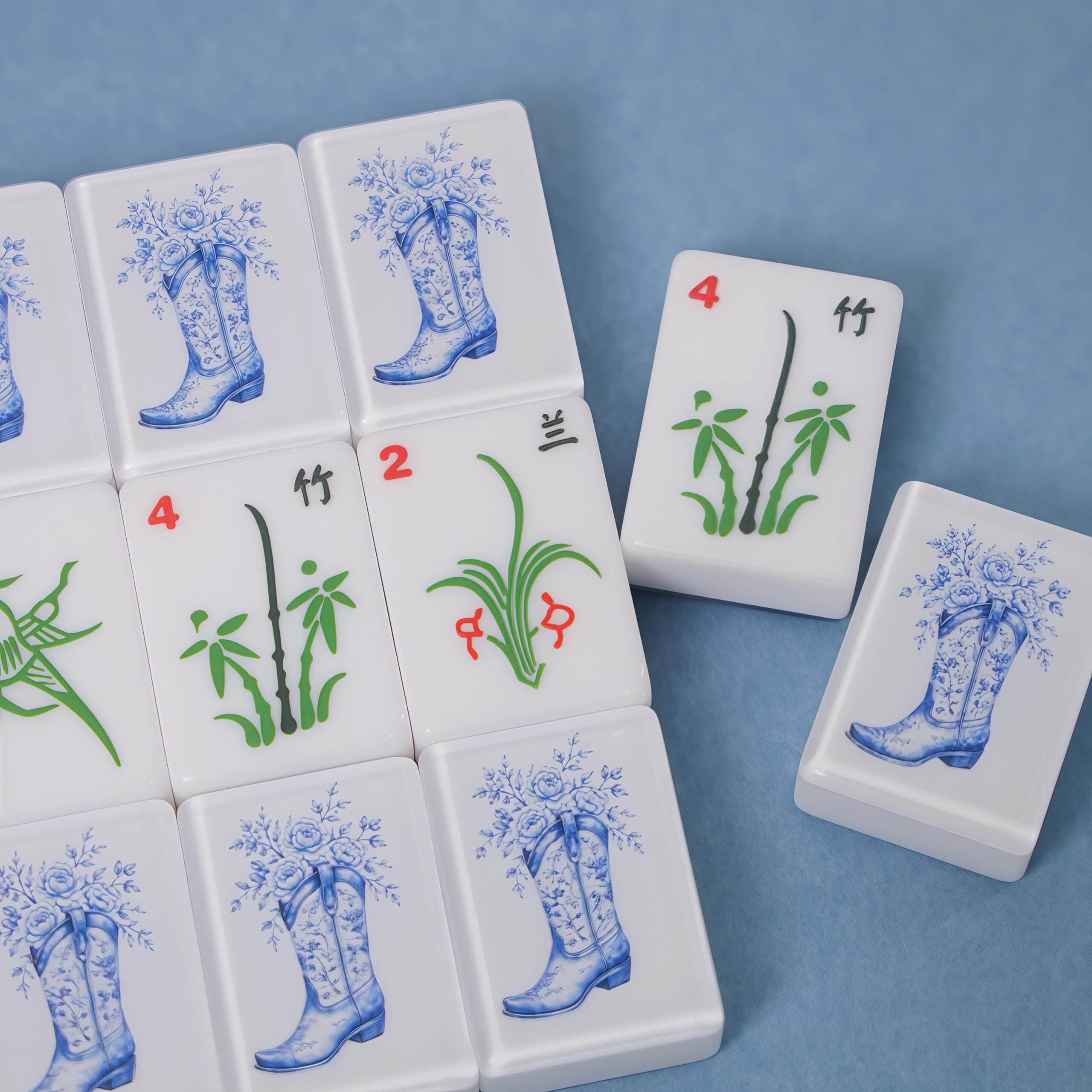 Blue Porcelain American Mahjong Set, Cowboy Boot Floral Tiles, Western 160 Tile Game Gift for Mahjong Players - 5