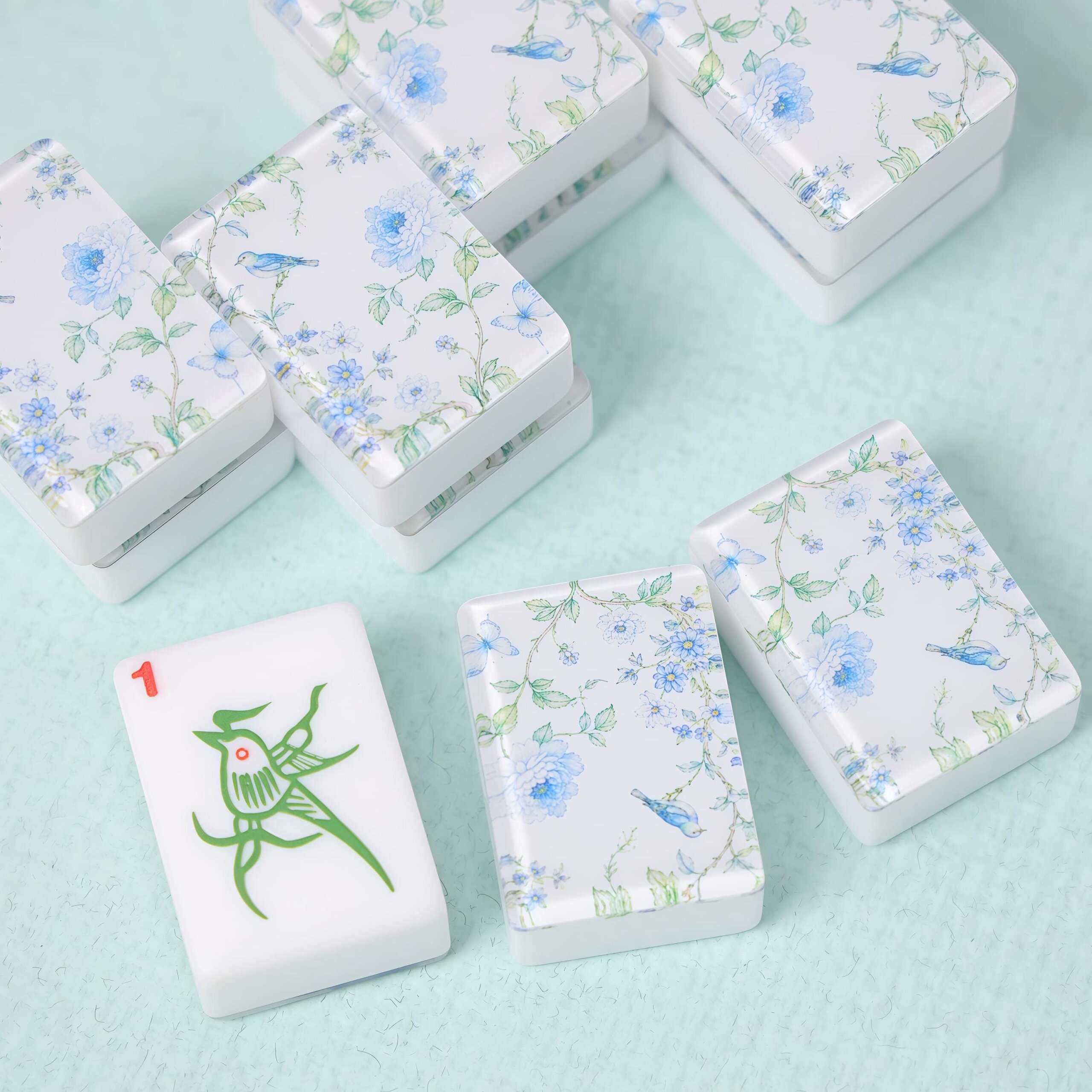 Blue Floral American Mahjong Set, Glossy Acrylic Tiles, Botanical Bird 160 Tile Game, Gift for Mahjong Lovers and Collec