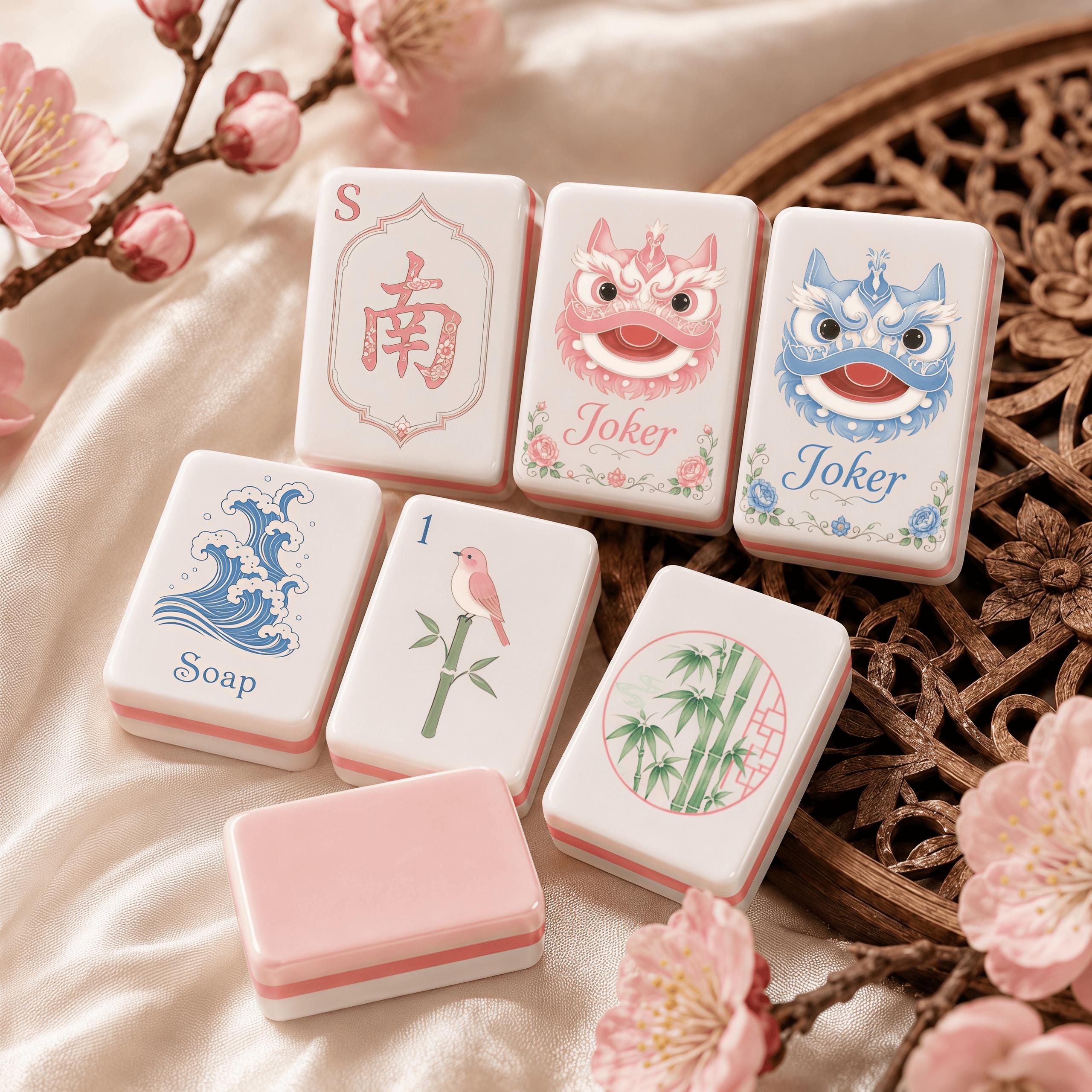 Lion Dance Mahjong Set, Pink Chinese Inspired American Mahjong Tiles, Floral Asian Style Acrylic Game Set, Unique Gift -