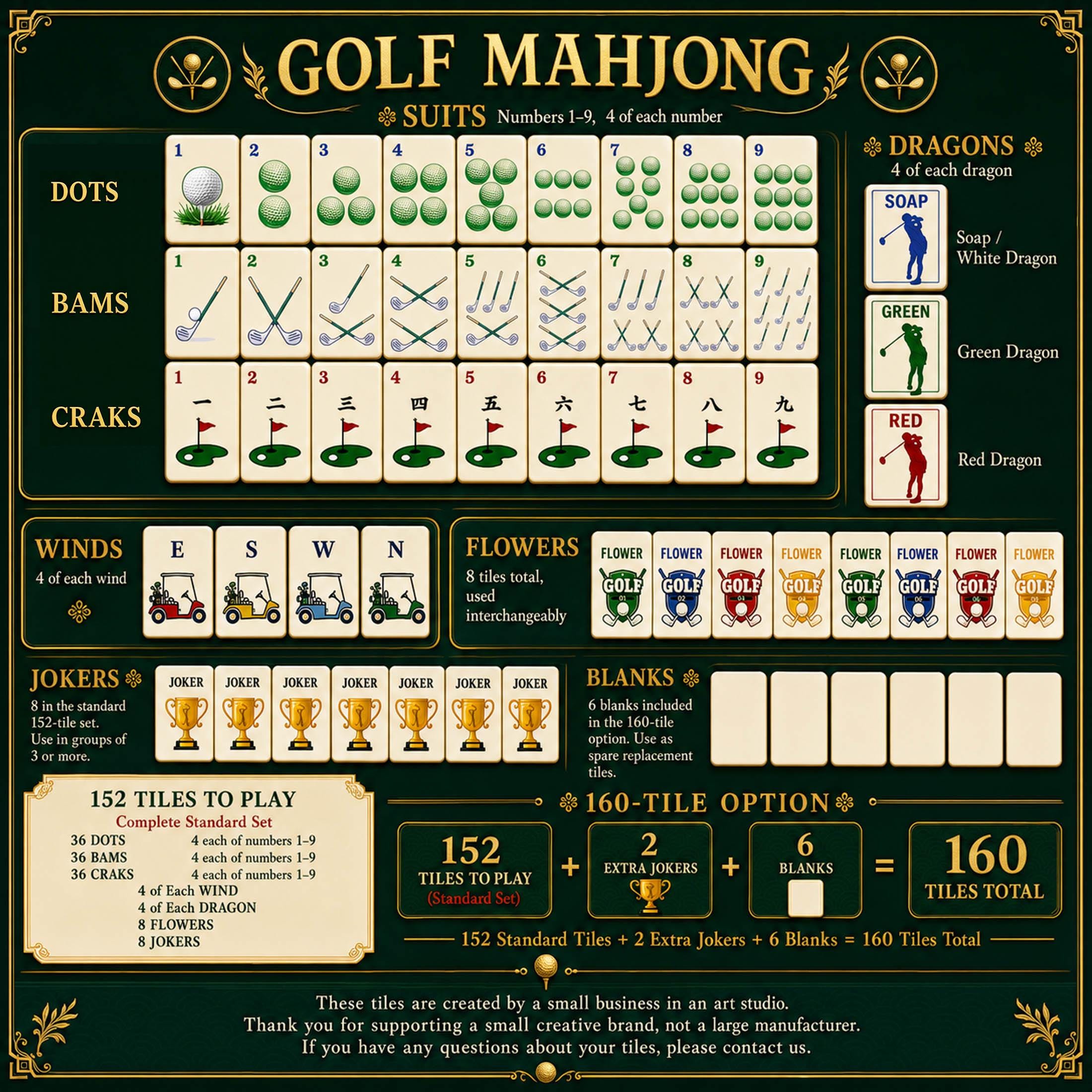Golf Themed Mahjong Tile Set (152/ 160 Tiles), UV Print, Custom Tile Back Logo, Unique Gift for Golf Lovers - 5