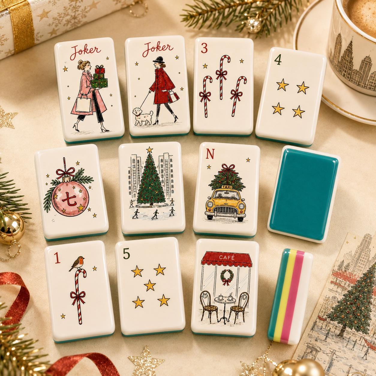 Christmas American Mahjong Set, Vintage Holiday Acrylic 160 Tile Set, European Winter Illustration Mahjong Gift for Play