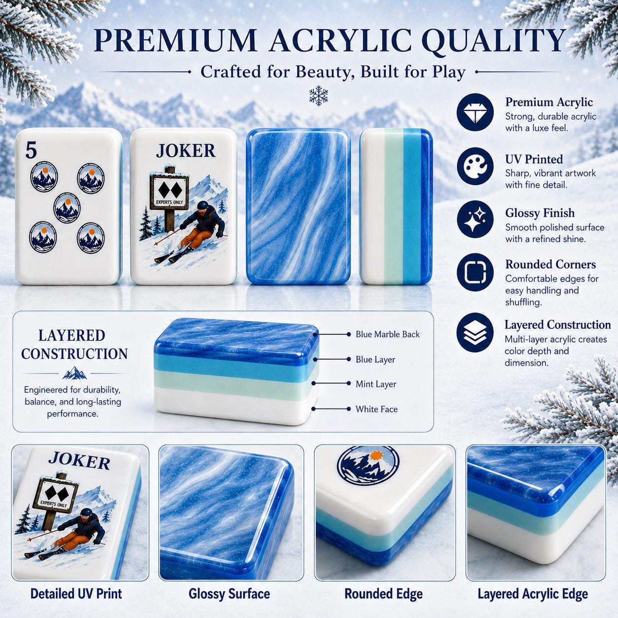 Alpine Ski American Mahjong Set, Winter Mountain Acrylic Mahjong Tiles, Blue Marble Back, Ski Lodge Gift, Luxury Gift fo