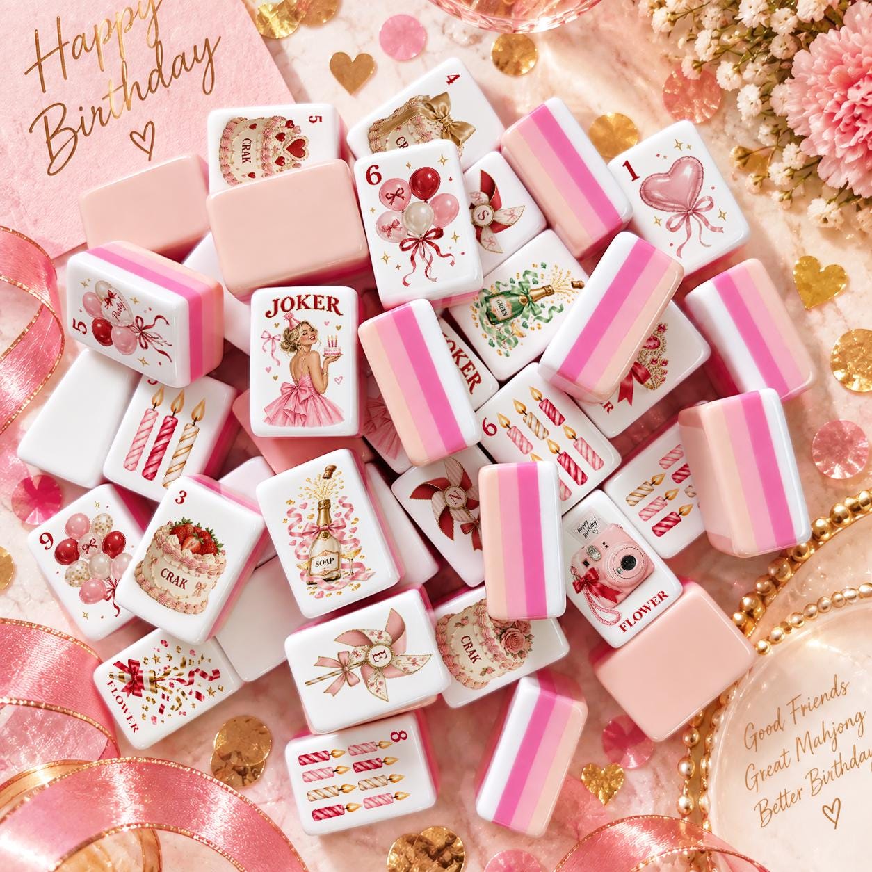 Birthday Party American Mahjong Set, Pink Mahjong Tiles, Girls Night Gift, Mahjong Birthday Gift, Custom Joker Tile, Mah