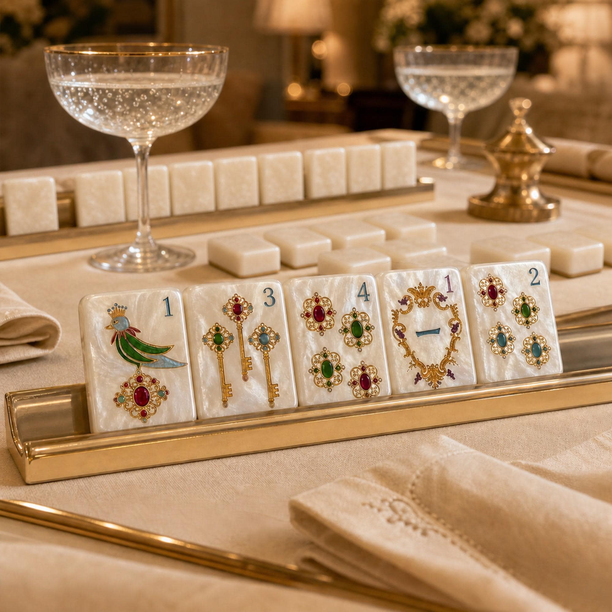 American Mahjong Set, 160 Pearlescent White Acrylic Tiles, Gold Filigree and Jewel-Inspired Designs - 5