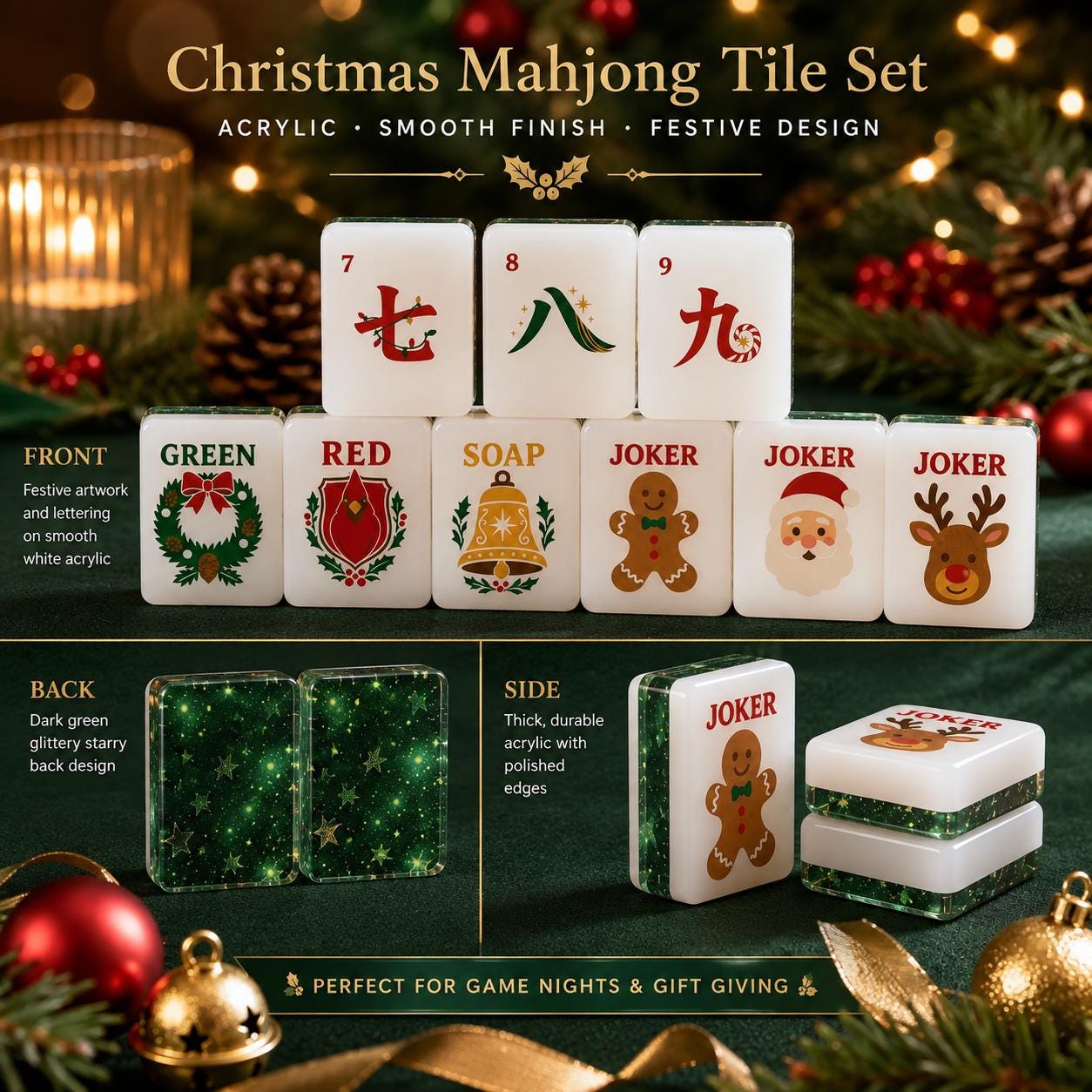 Christmas Mahjong Tiles Set, Green Glitter American Mahjong Tiles, Santa Reindeer Gingerbread Joker Tiles, Festive Holid