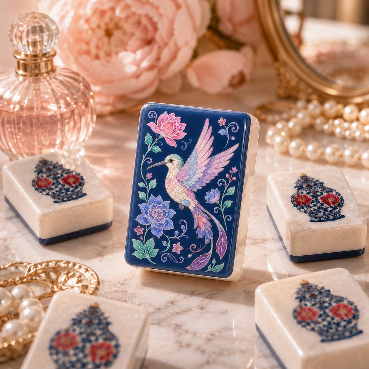 Floral Humming Bird Mahjong Tiles, Blue Marble American Mahjong Set, Pink Parasol Floral Acrylic Tiles, Grandmillennial