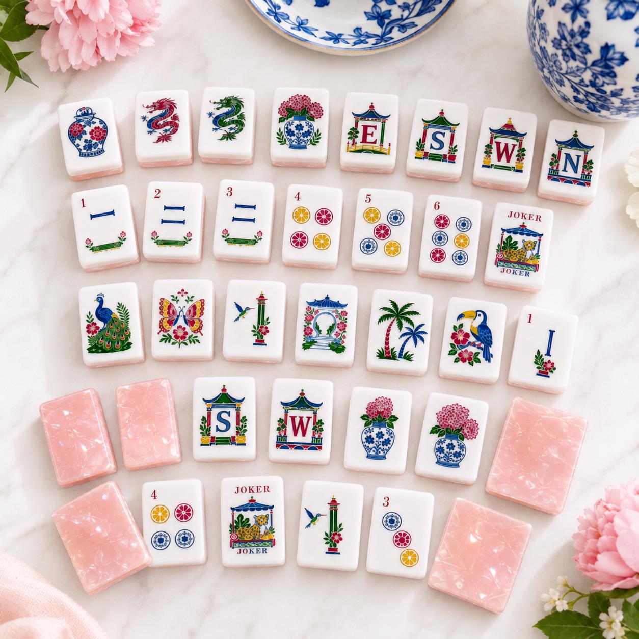 Pink Chinoiserie Mahjong Tiles 1.4"x1.0"x0.6", American Mahjong Set, Blue White Floral Acrylic Tiles, Luxury Mahjong Gif