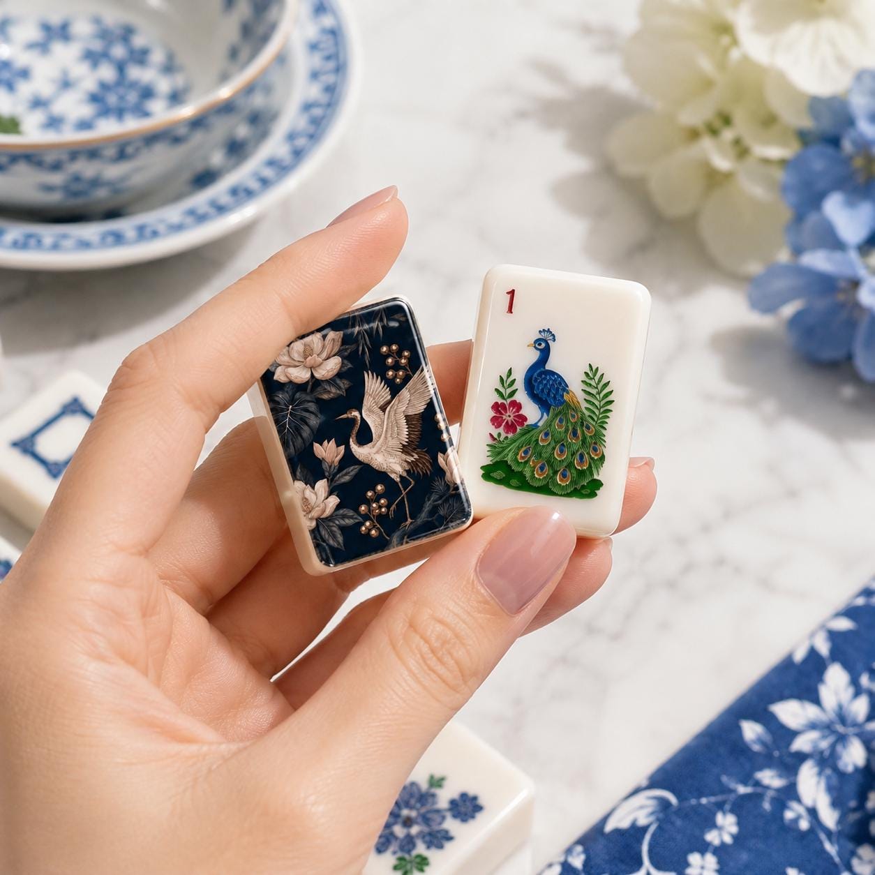 Navy Chinoiserie Crane Mahjong Tiles Set, Luxury Acrylic Mahjong Tiles, Elegant American Mahjong Set, Oriental Floral Ma