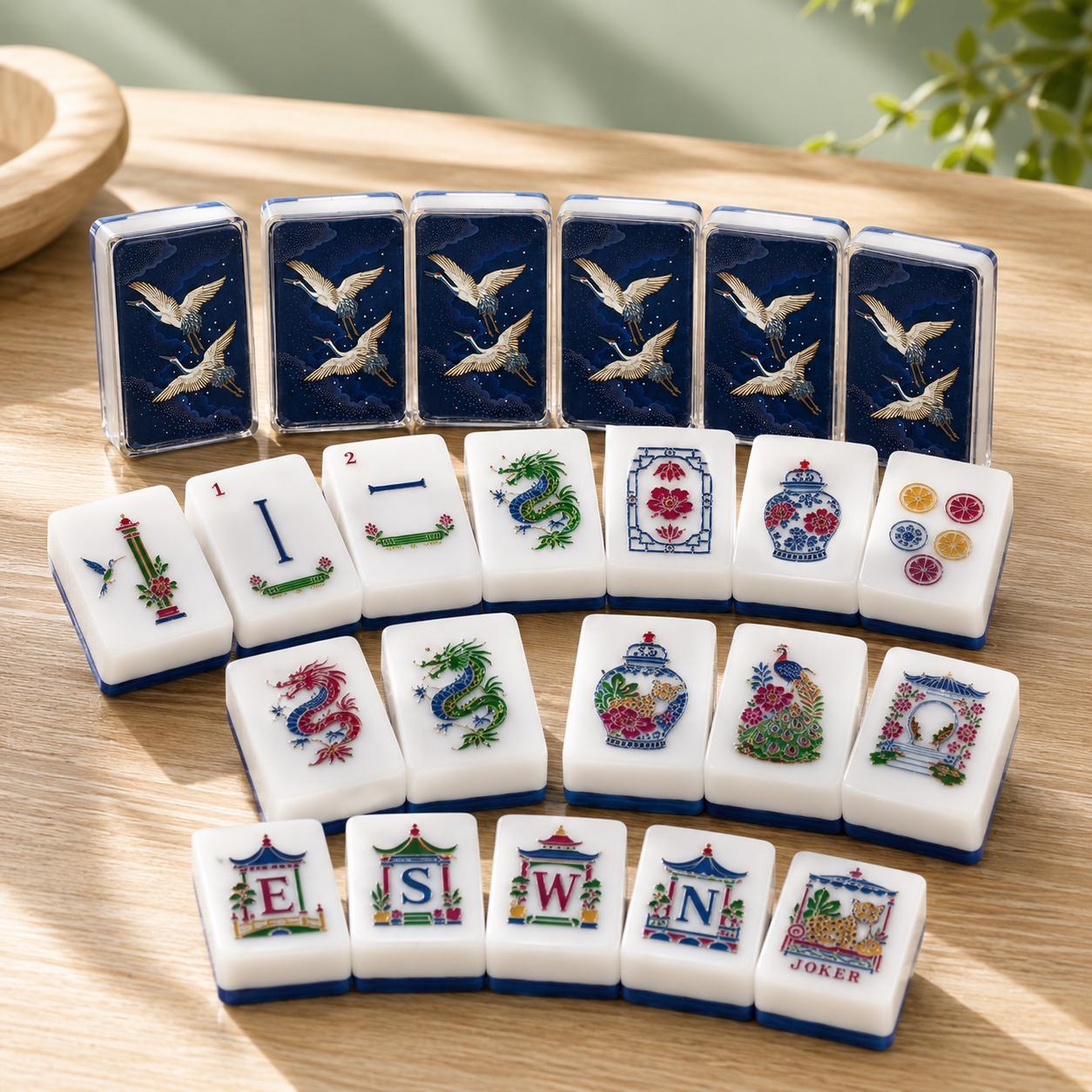 Blue White Chinoiserie Mahjong Tiles Set, Luxury Acrylic Mahjong Tiles, Peacock Floral American Mahjong Set, Elegant Ori