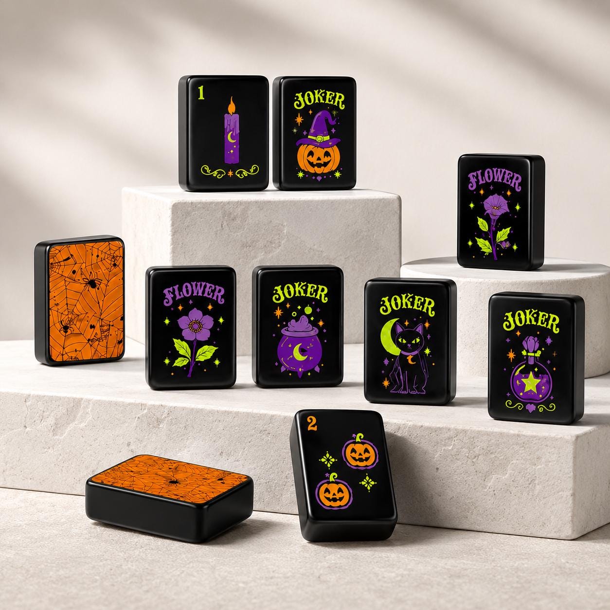 Halloween Mahjong Tiles Set, Spooky Acrylic Mahjong Tiles, Black Halloween American Mahjong Set, Witchy Pumpkin Mahjong