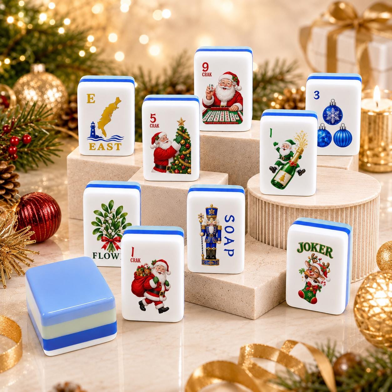 Santa Mahjong Party Set, Christmas Mah Jongg Tiles, 160-Piece American Mahjong Set, Holiday Game Night Gift for Women &