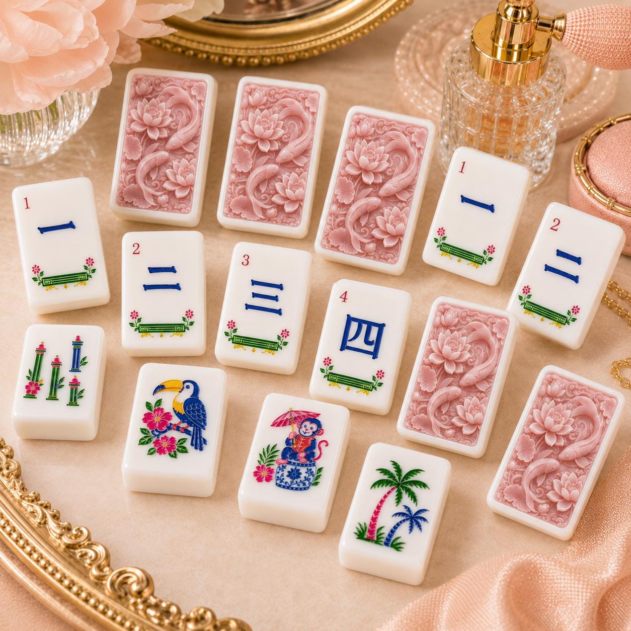 Pink Koi Lotus Mahjong Tiles Set, Luxury Acrylic American Mahjong Tiles, Floral Chinese Inspired Game Set, Elegant Mahj