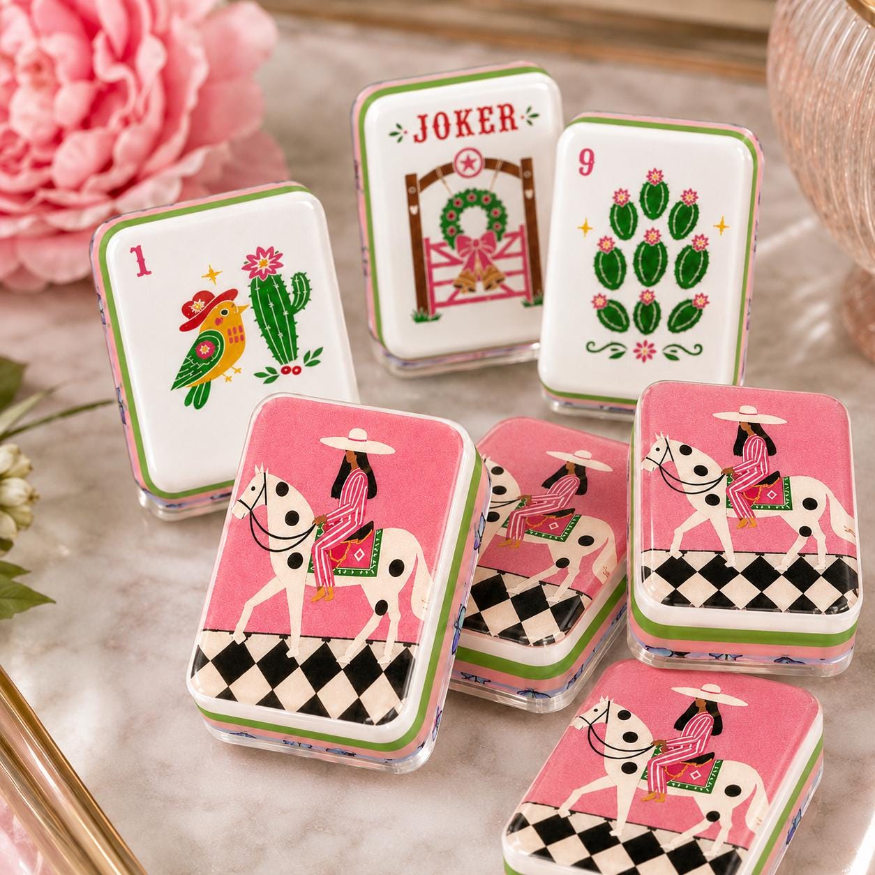 Christmas Western Mahjong Tiles | 1.4"x1.0"xx06" 4-Layered Acrylic American Mahjong Tiles | Holiday Horse & Cactus Desig