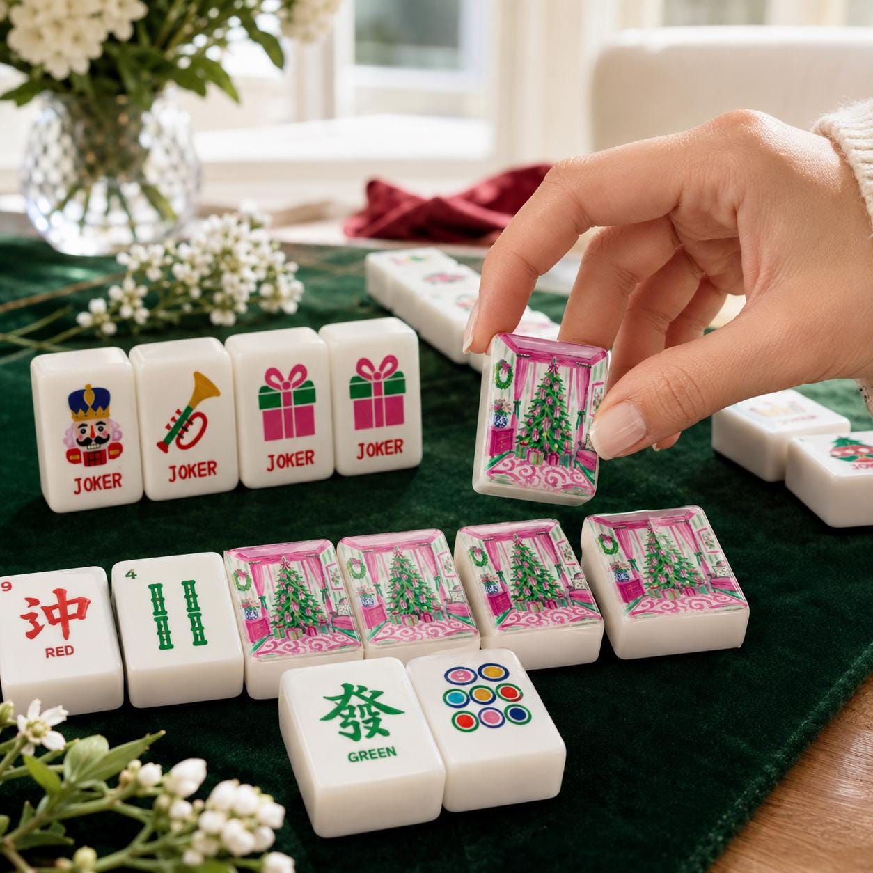 Pink Chinoiserie Christmas Mahjong Tiles Set | 1.4"x1.0"x0.6" Acrylic American Mah Jongg Tiles | 160 pc Holiday Mahjong