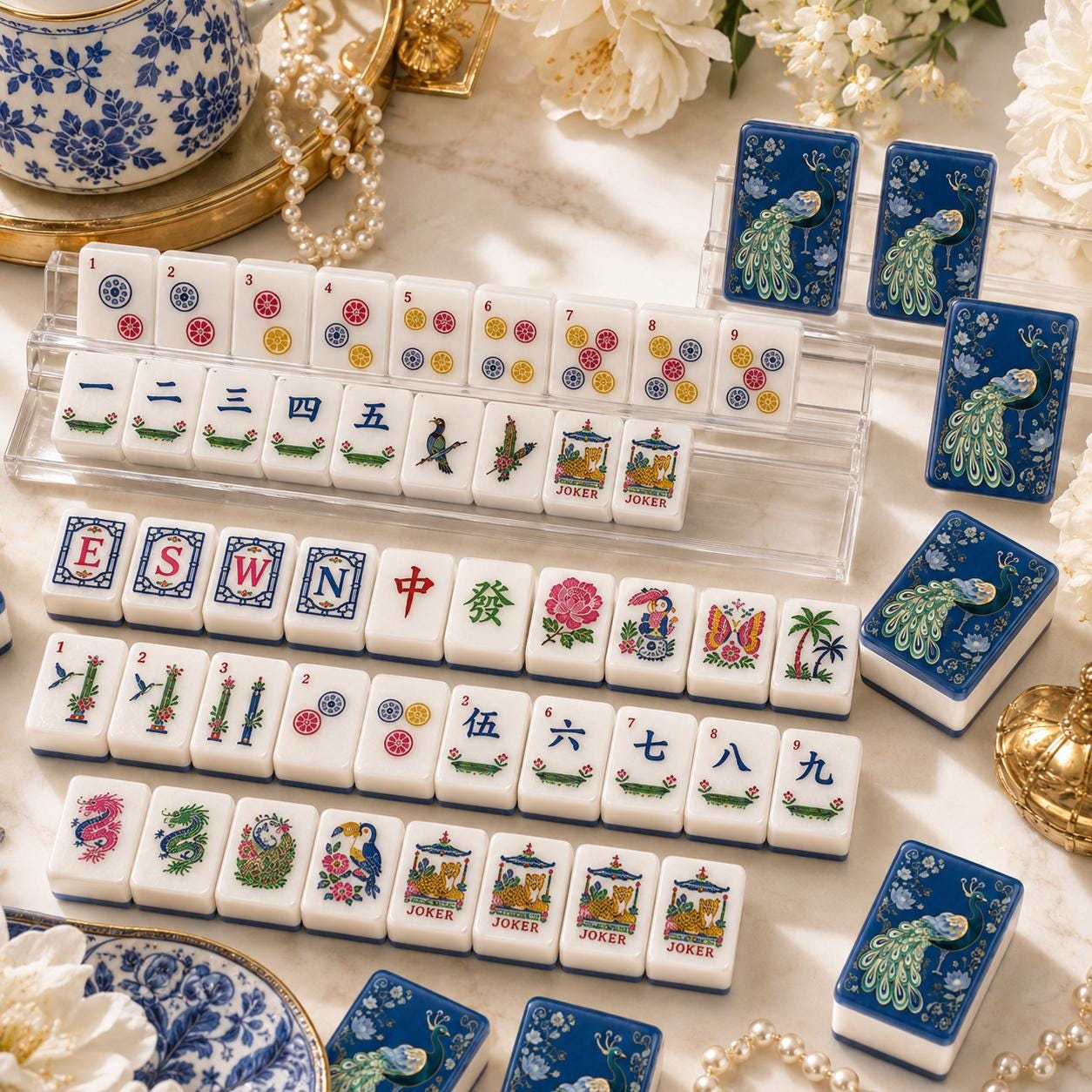 Peacock Mahjong Tiles Set, Blue Chinoiserie Game Set, 1.4"x1.0"x0.6" 160pc Acrylic American Mah Jongg Tiles, Elegant Gif