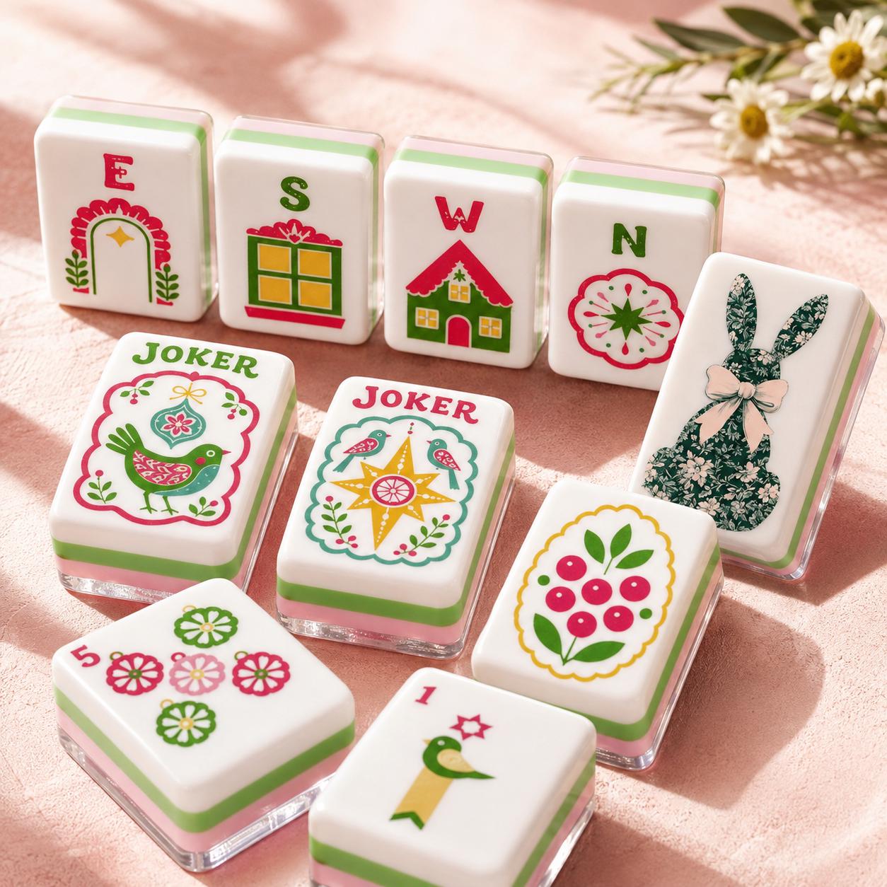 Floral Bunny Mahjong Tiles, Pink Green Rabbit Mahjong Set, Coquette Spring Mahjong Tiles, Cottagecore Mahjong Gift for H