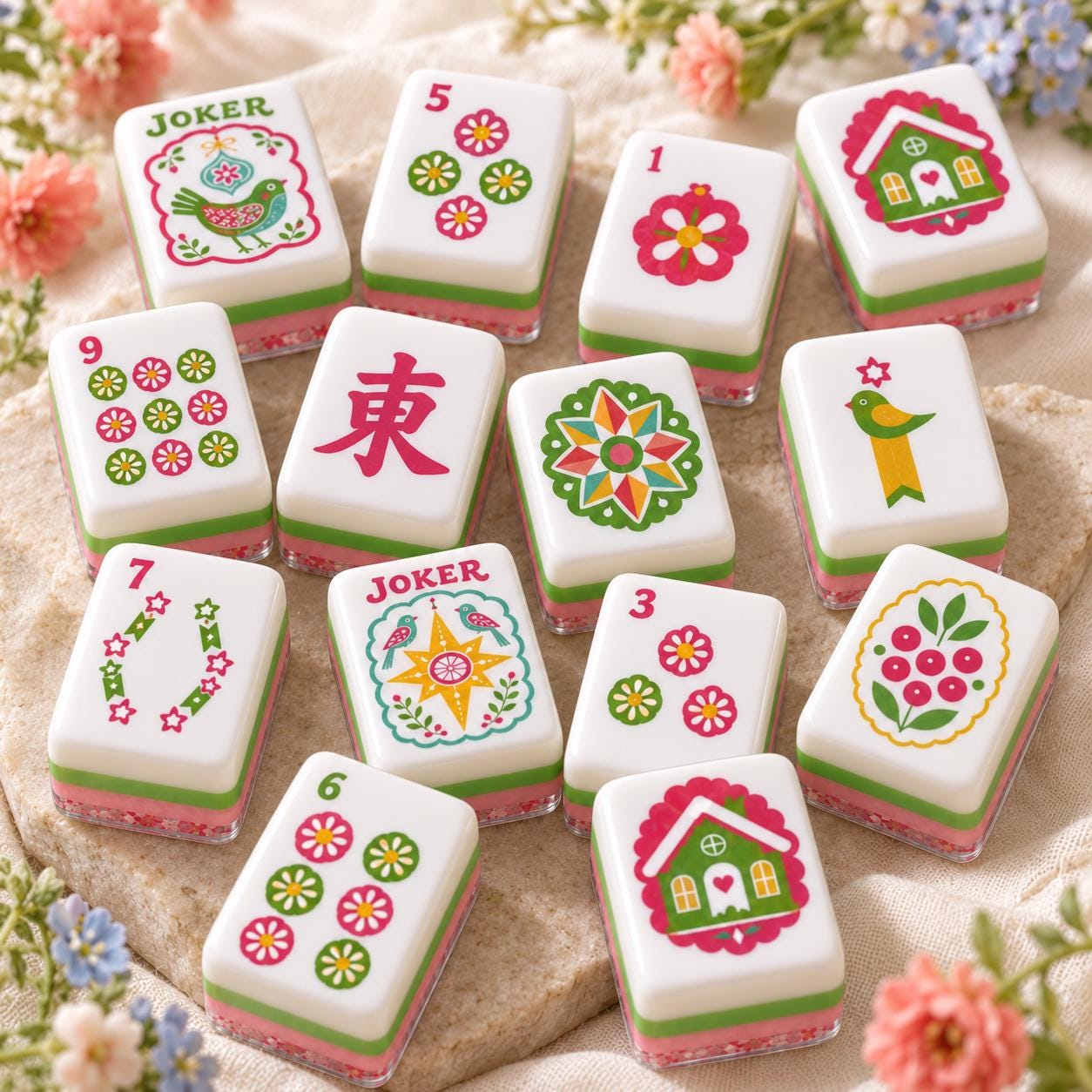 Leopard Mahjong Tiles Set, 4 Layer Acrylic Mahjong Tiles, Colorful Folk Art Jungle Mahjong Set, Pink Green Mahjong Tiles