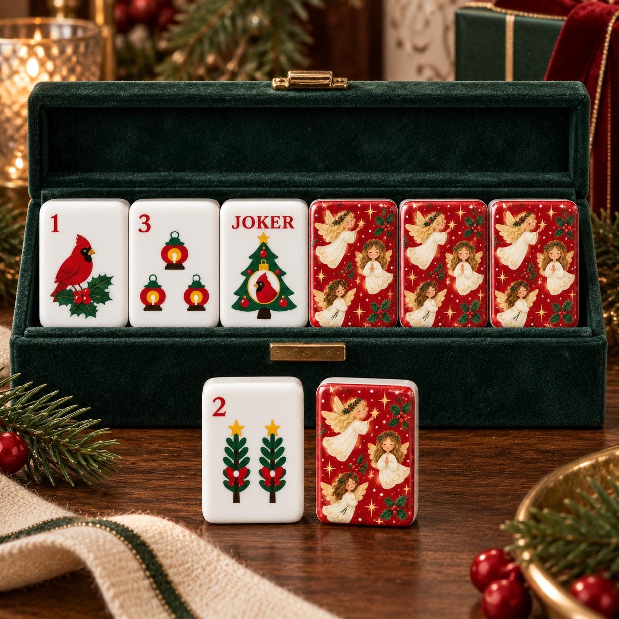 Christmas Angel Mahjong Tiles, 1.4" Cardinal Joker Mahjong Set, Red Holiday Mah Jongg Tiles, Vintage Christmas Mahjong G