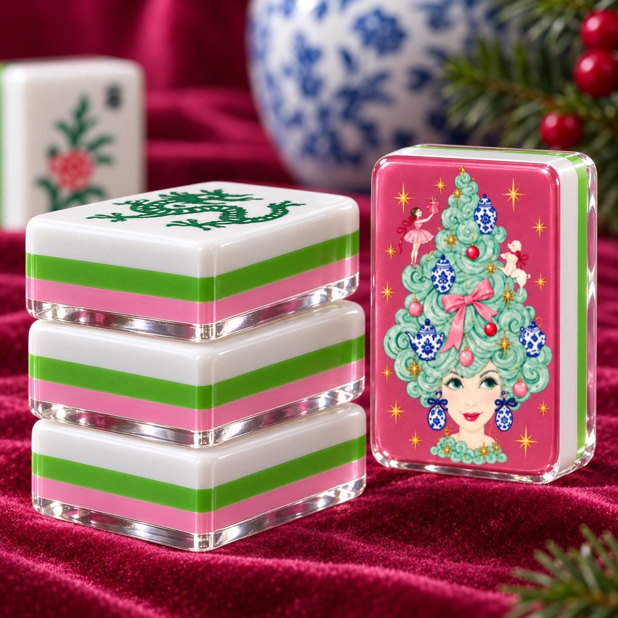 Pink Chinoiserie Christmas Mahjong Tiles, 4-Layered Holiday Mahjong Set, Ginger Jar Christmas Tree Tiles, Preppy America