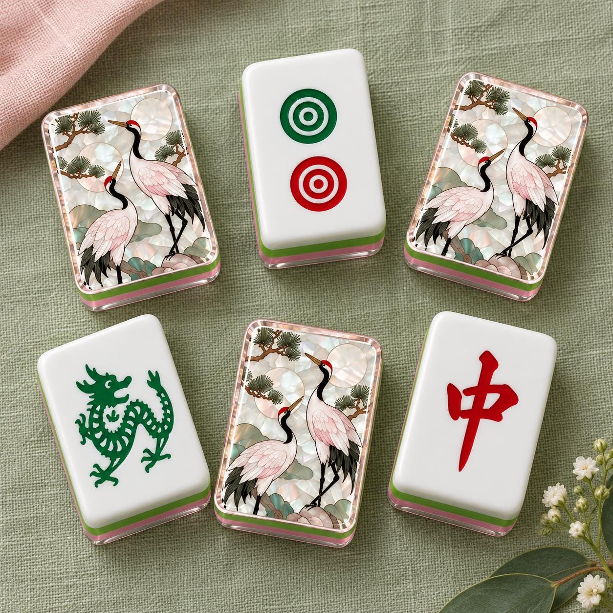 Crane and Pine Mahjong Tiles, 4-Layer American Mahjong Set, Faux Mother of Pearl Design, Pink and Green Chinoiserie, Hos