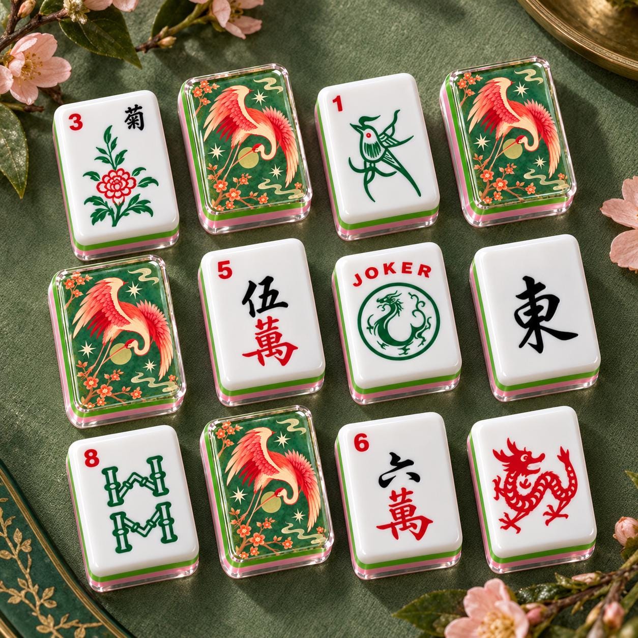 Crane Cherry Blossom Mahjong Tiles, Pink Green Chinoiserie 4-Layer American Mahjong Set, Mahjong Gift for Her - 5