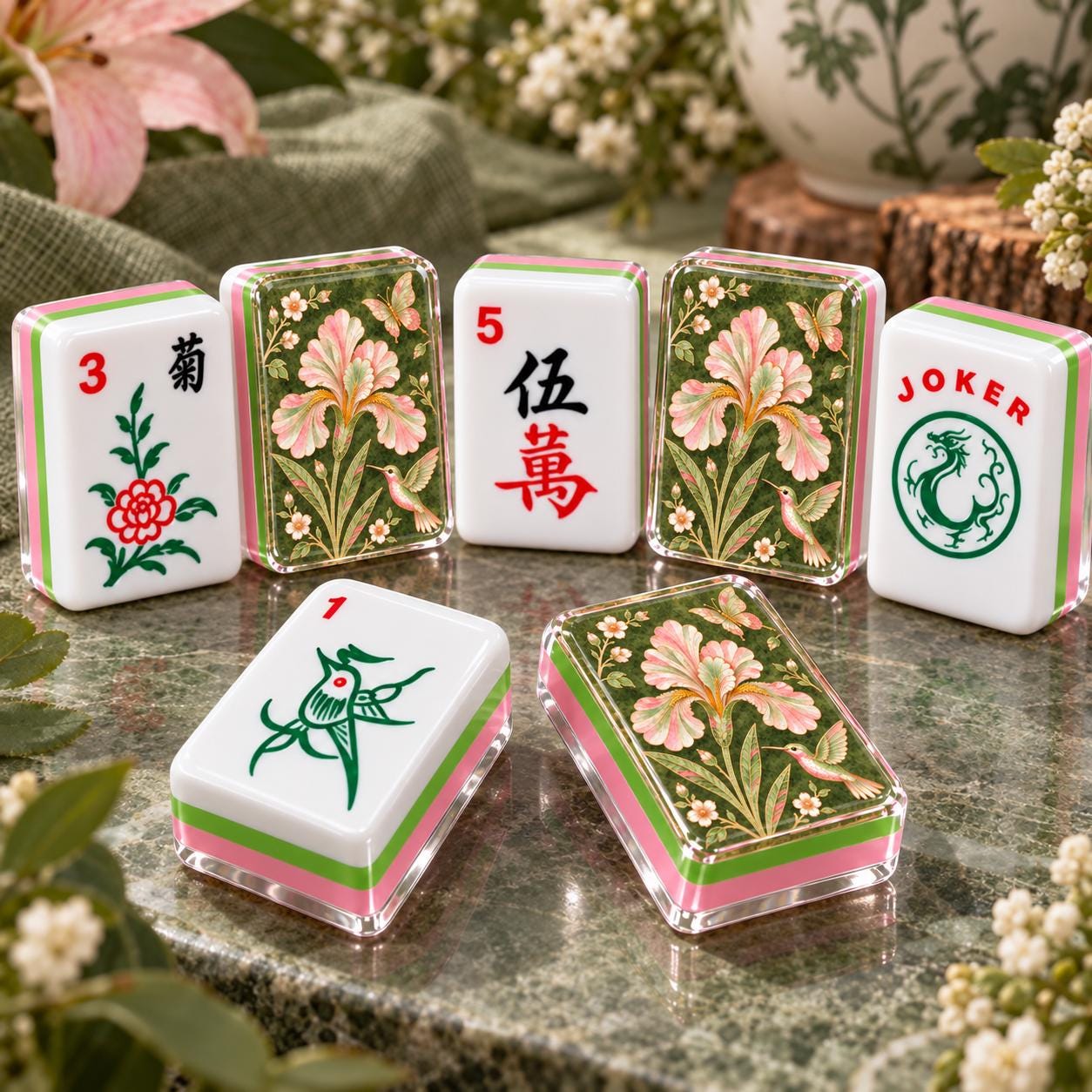 Green Floral Mahjong Tiles, Pink Green Iris Hummingbird Mahjong Set, 4-Layer Acrylic Mahjong Tiles, Mahjong Gift for Her