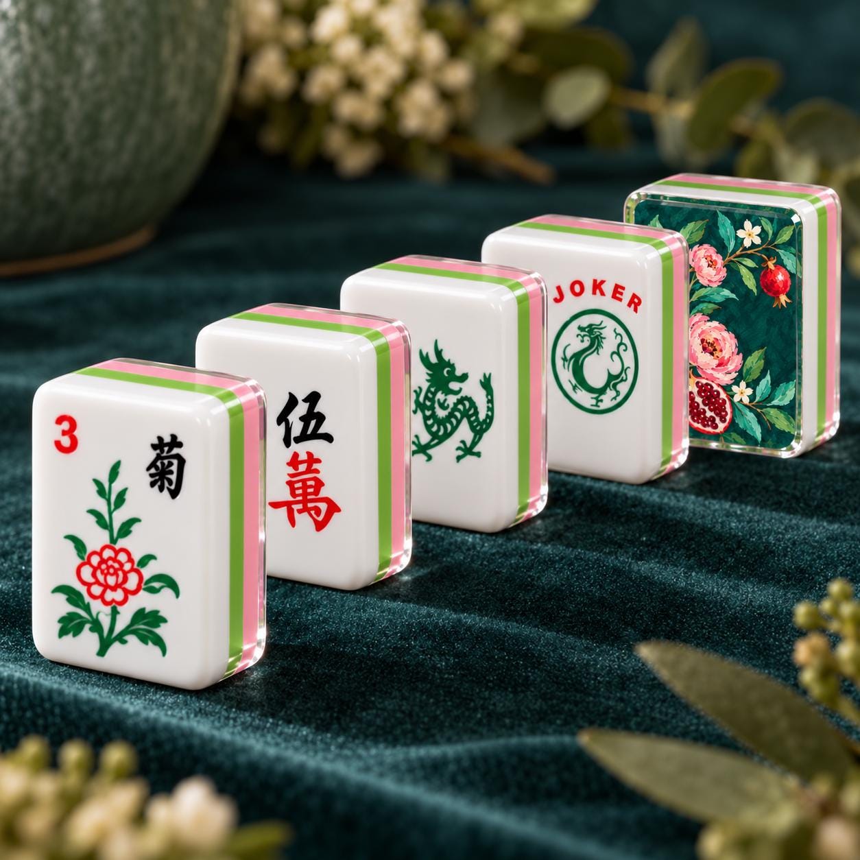 Pomegranate Floral 4-Layer Mahjong Tiles, Fall Botanical American Mahjong Set, Pink Green Acrylic Mahjong Tiles, Mahjong