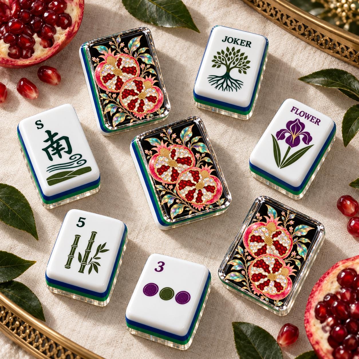 Pomegranate Mahjong Tiles, 4-Layer American Mahjong Set, Fall Inspired Botanical Fruit Acrylic Tiles, Mediterranean Mahj