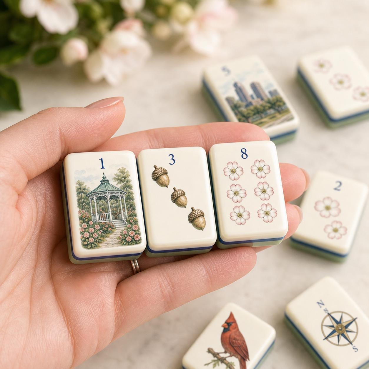 Raleigh Dogwood Garden American Mahjong Tiles, Travel Mahjong Set 1.2x0.9 Inch, Mint Green Back, Cardinal Oak Acorn Flor