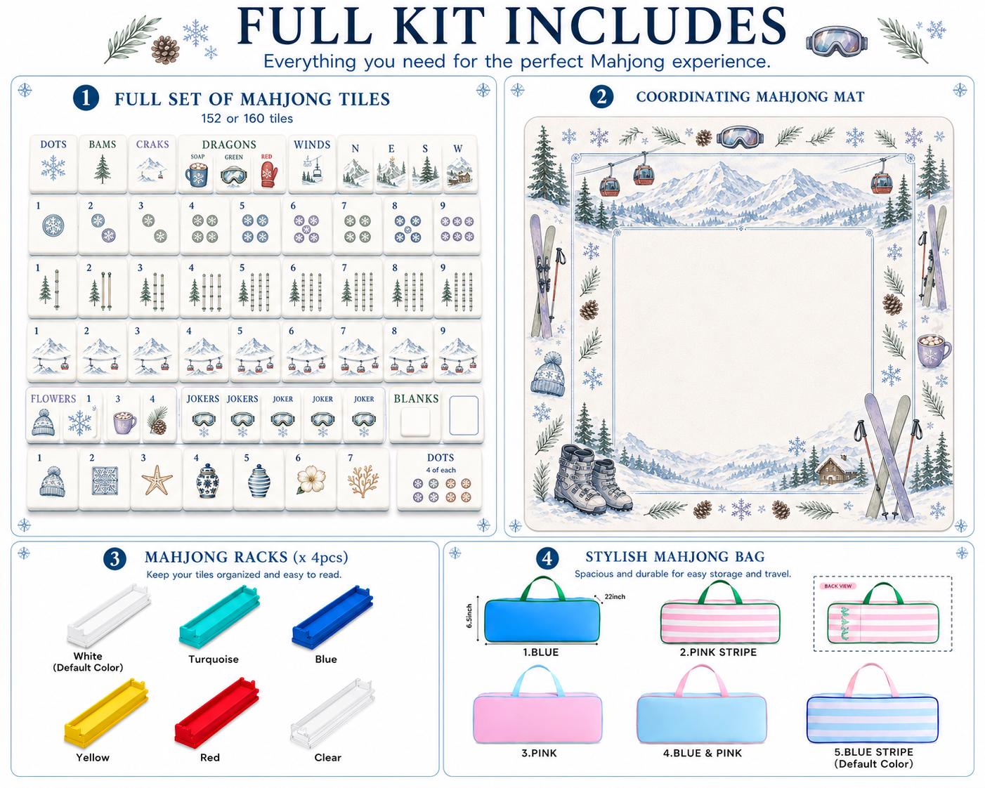 Winter Wonderland Mahjong Set, Custom Ski Resort Tiles with Snowflakes, Skiers, Gift For Mahjong Enthusiasts, Housewarmi