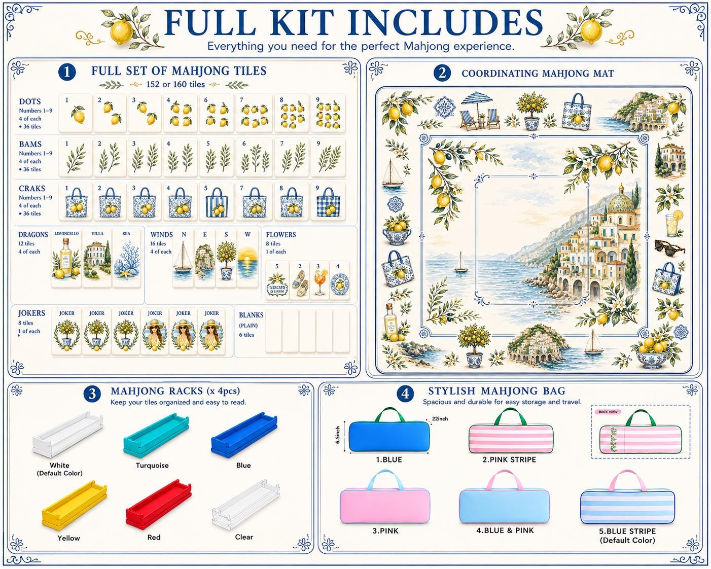 Amalfi Lemon Resort Mahjong Set, American Style Tiles with Lemon, Lemon & Olive Mahjong , Elegant Coastal , Limoncello C