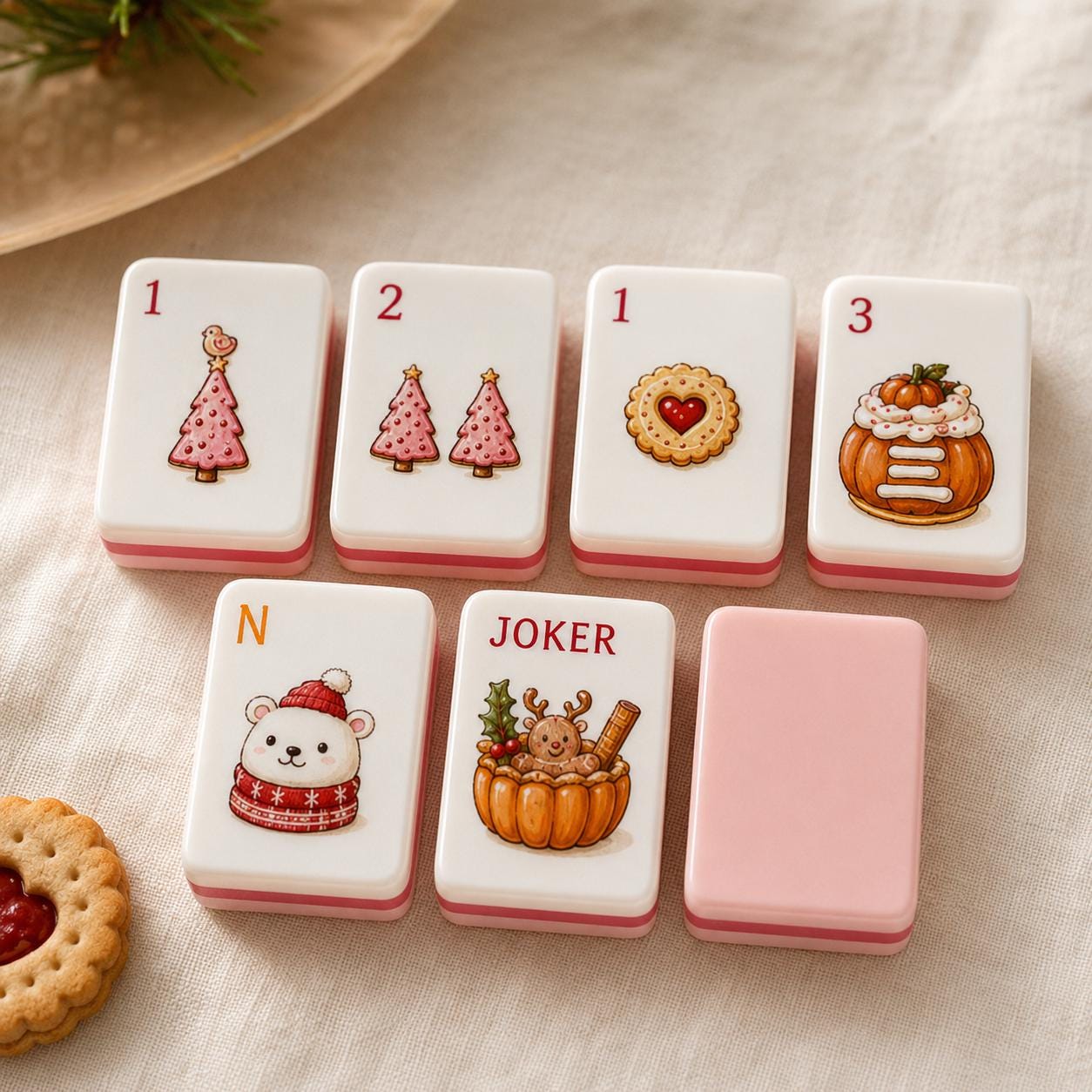 Cute Christmas Acrylic American Mahjong Set, 160 Tile Holiday Mahjong Tiles, Sweet Dessert Theme with Gingerbread & Sant