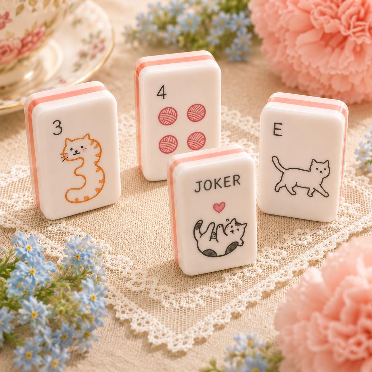 Spring Cats American Mahjong Set, 160 Glossy Acrylic Tiles, Soft Pink Layered Edges, Whimsical Cat Artwork, Cat Lover Gi