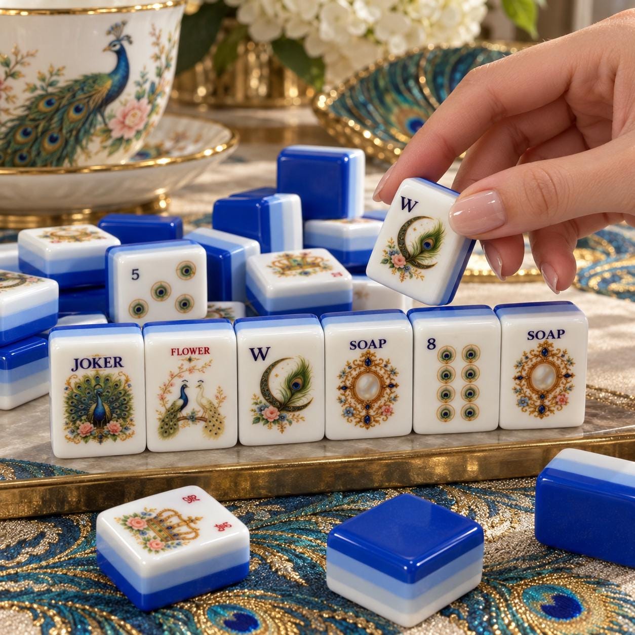 Peacock American Mahjong Set, Blue Gold Tiles, Luxury Mahjong Gift for Women, Custom Bulk Mahjong, Mahjong Club Gift - 5