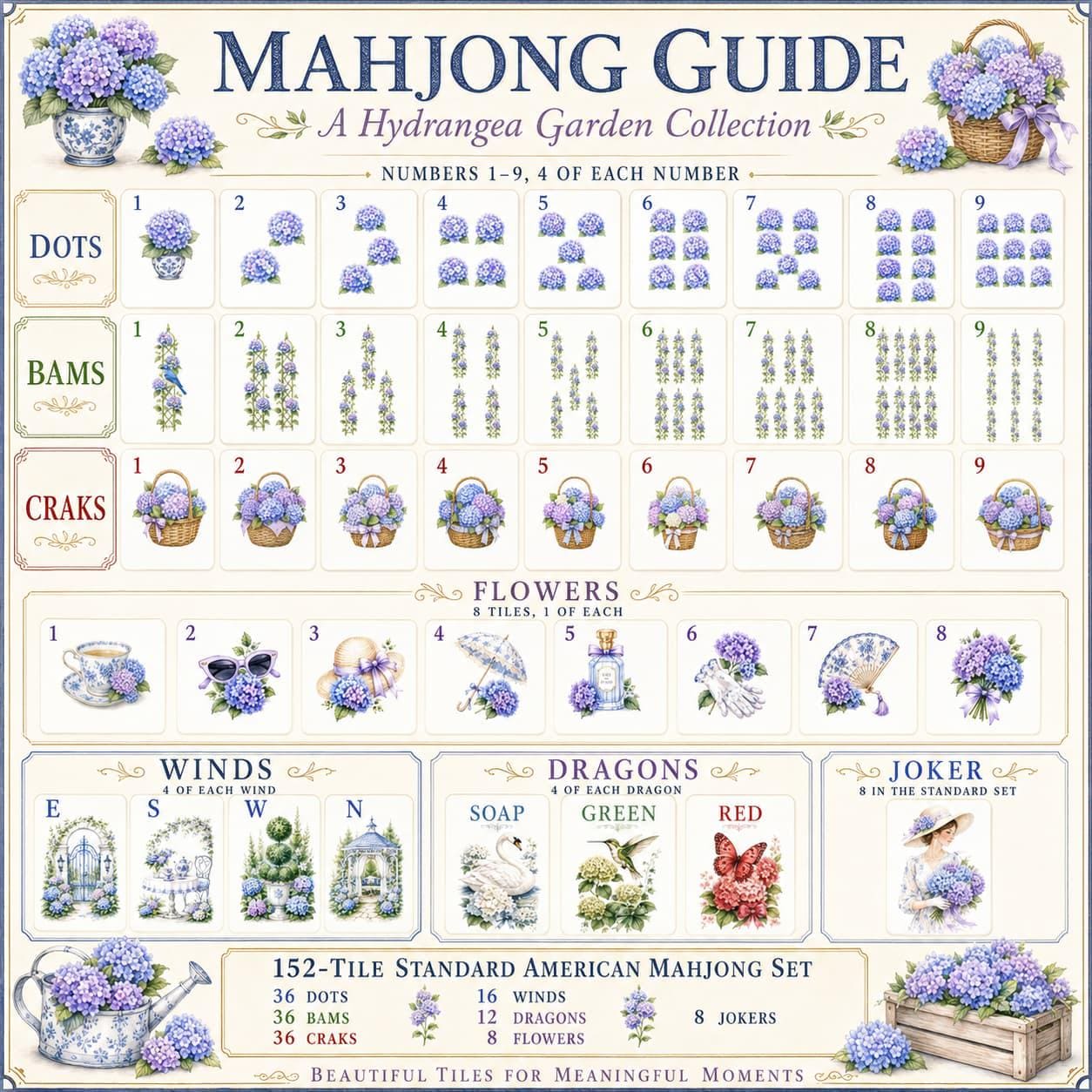 Hydrangea Garden American Mahjong Set, Blue Acrylic Mahjong Tiles, 152 /160 Tile Set With Jokers, Floral Mahjong, Gift f