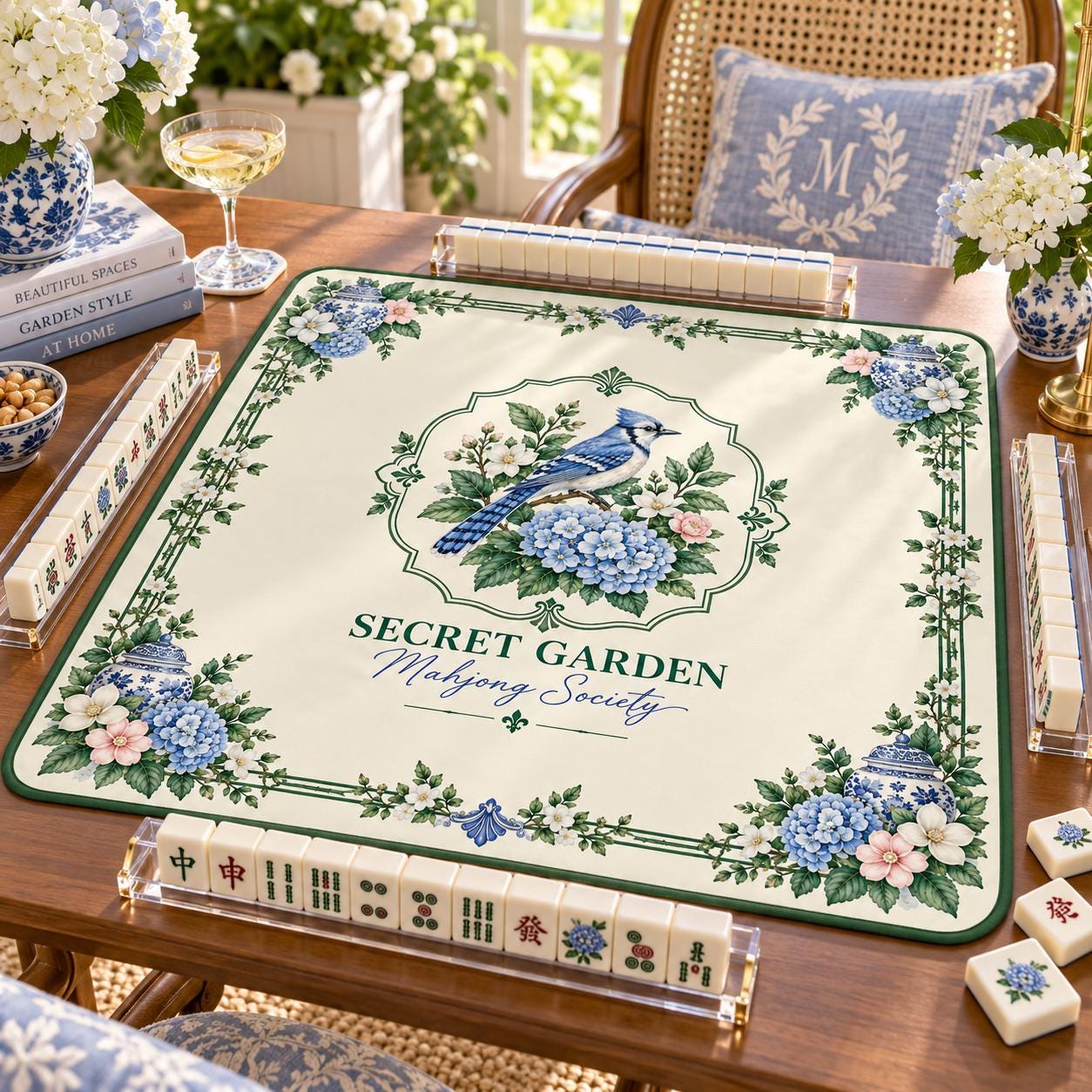 American Mahjong Set, Secret Garden Mahjong, Blue White Chinoiserie Tiles, 160 Acrylic Tiles, Custom Bulk Mahjong Gift -