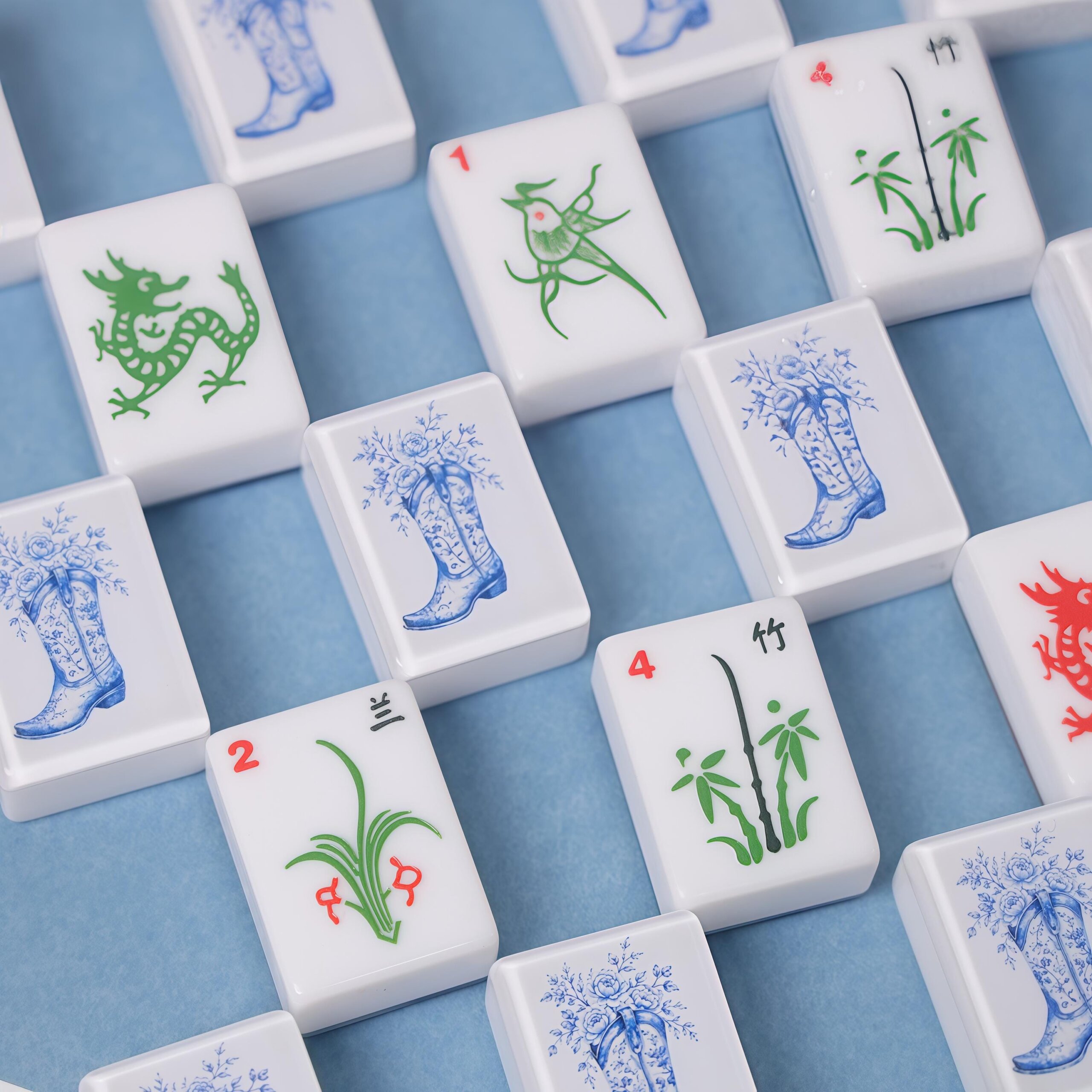 Blue Porcelain American Mahjong Set, Cowboy Boot Floral Tiles, Western 160 Tile Game Gift for Mahjong Players - 6