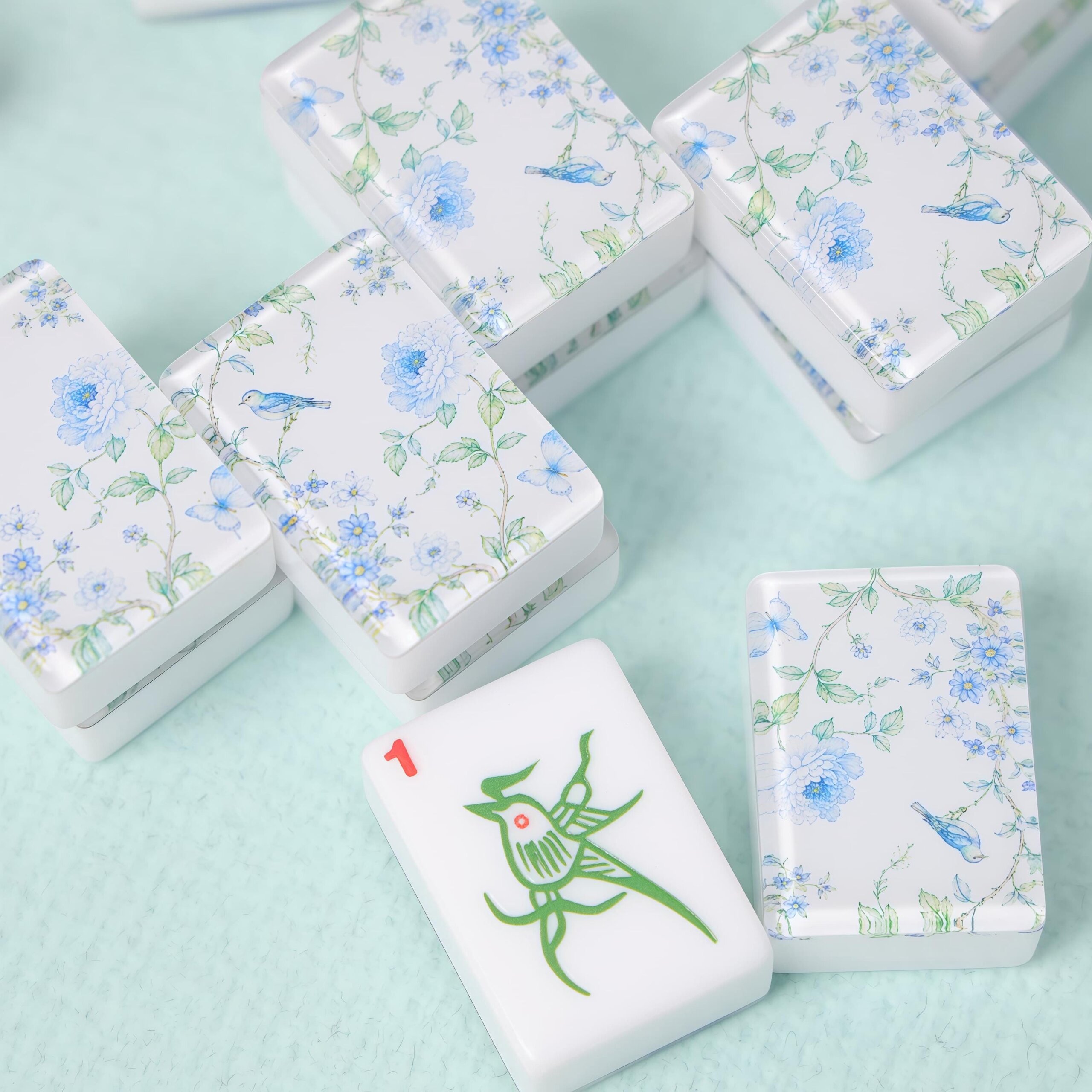 Blue Floral American Mahjong Set, Glossy Acrylic Tiles, Botanical Bird 160 Tile Game, Gift for Mahjong Lovers and Collec