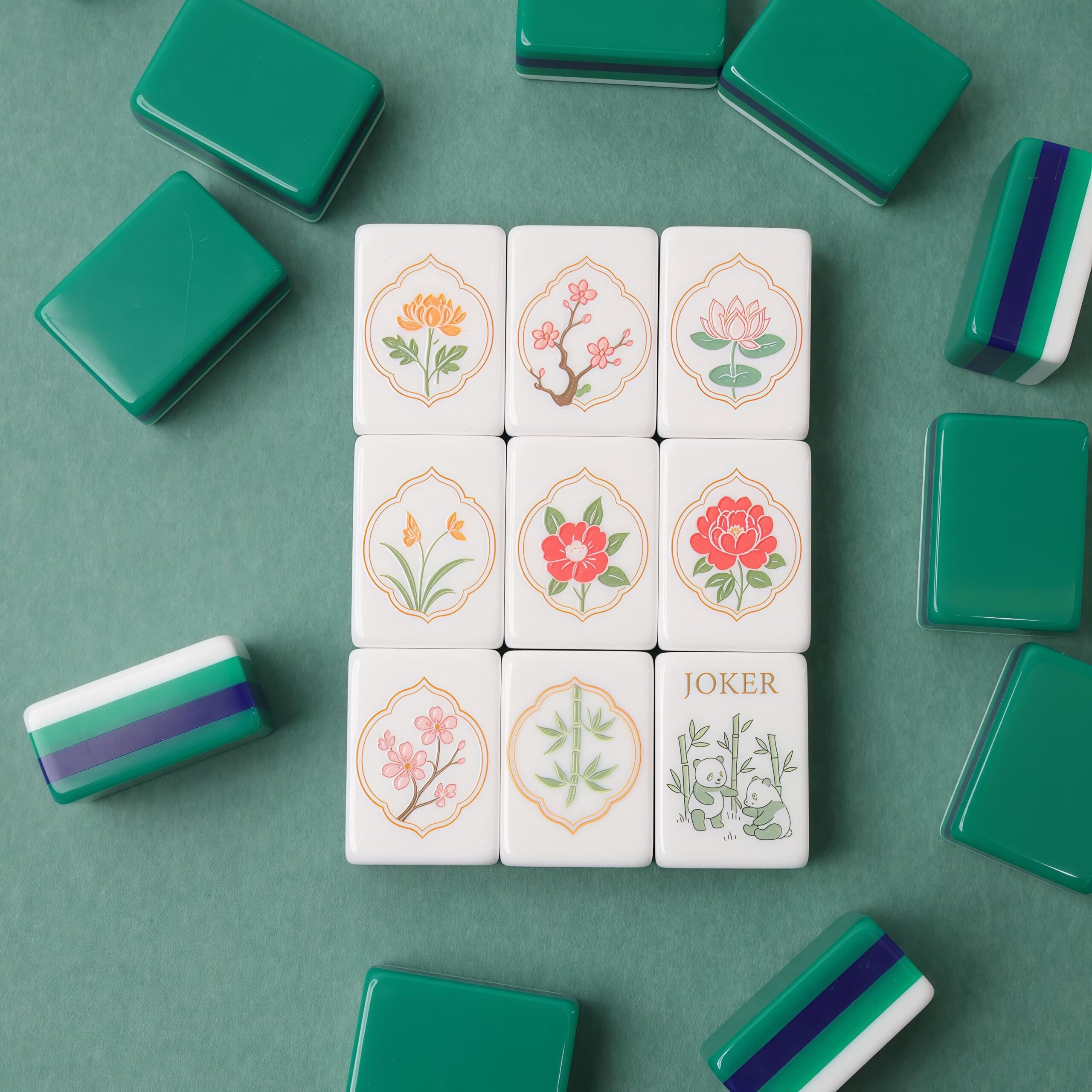 Emerald Green American Mahjong Set, Panda Joker Acrylic Tiles, Lotus Floral 160 Tile Game Gift for Women, Friends and Pl