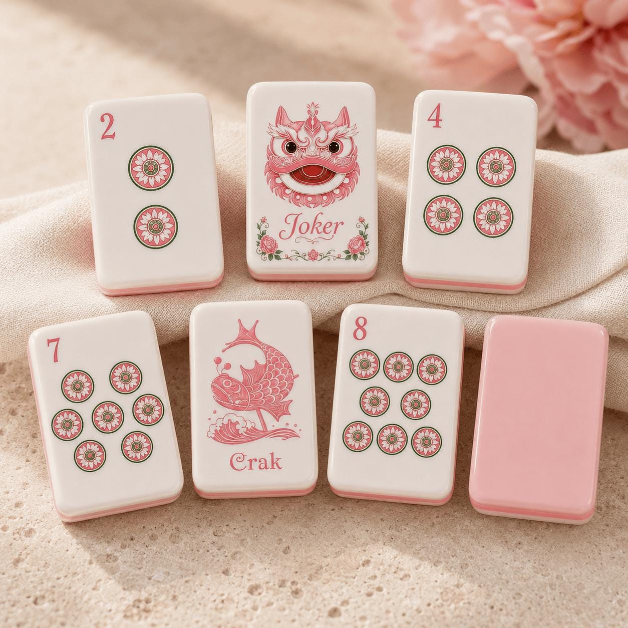 Lion Dance Mahjong Set, Pink Chinese Inspired American Mahjong Tiles, Floral Asian Style Acrylic Game Set, Unique Gift -