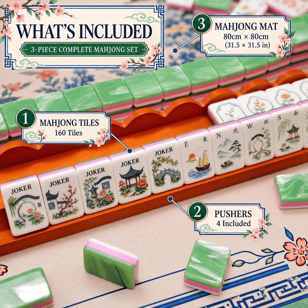 American Mahjong Set, 160 Acrylic Tiles, Retro Chinese Garden Art, Green Layered Edge, Mahjong Gift for Women and Game N
