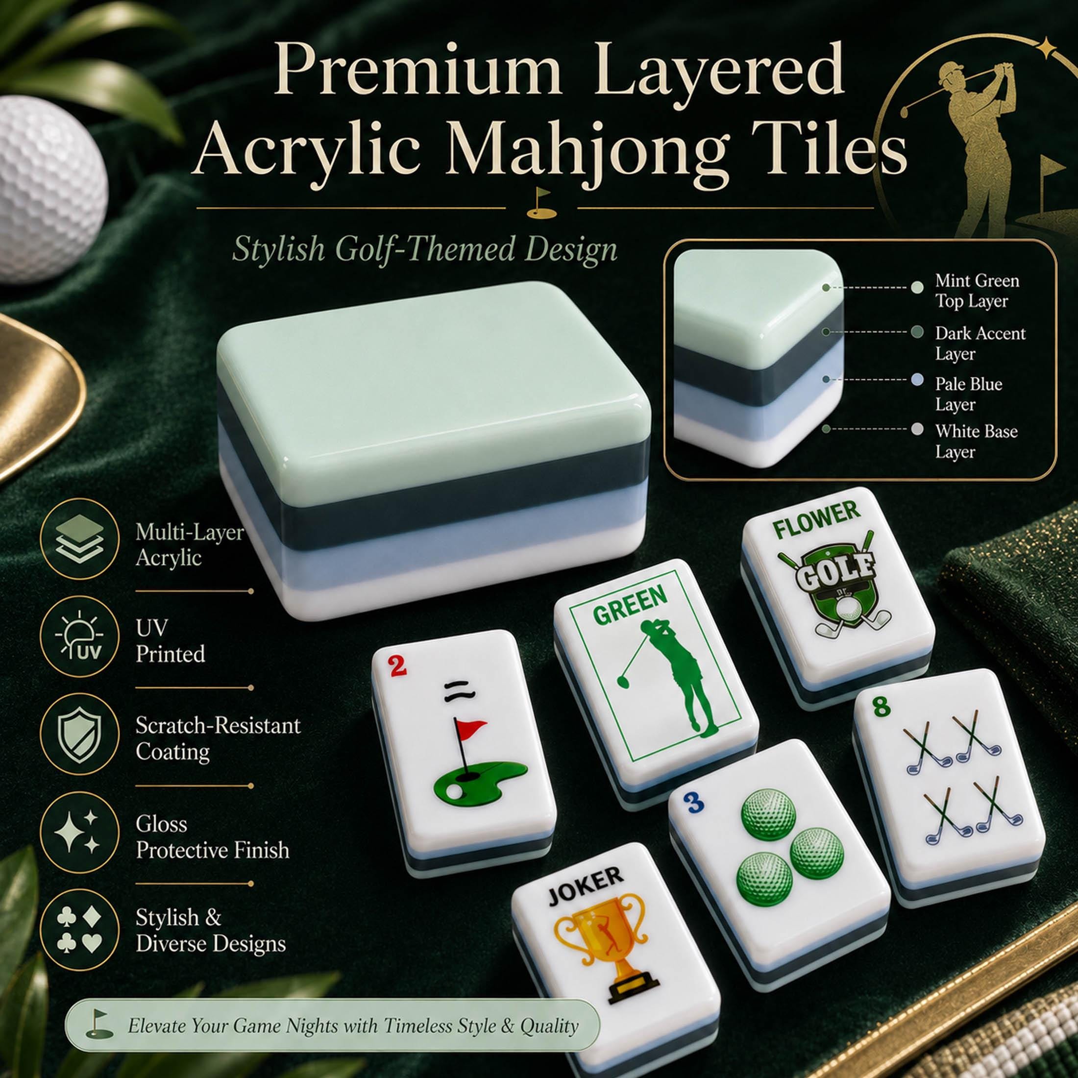 Golf Themed Mahjong Tile Set (152/ 160 Tiles), UV Print, Custom Tile Back Logo, Unique Gift for Golf Lovers - 6