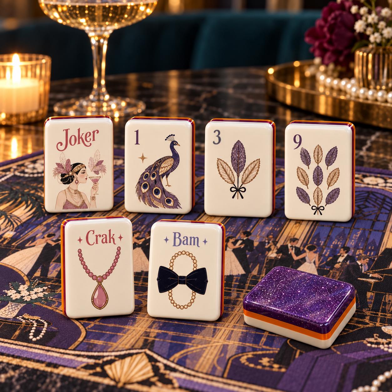 Cocktail Mahjong Set American Mahjong Tiles, Purple Luxury Design with Vintage Evening Party Style, Elegant Classic Game