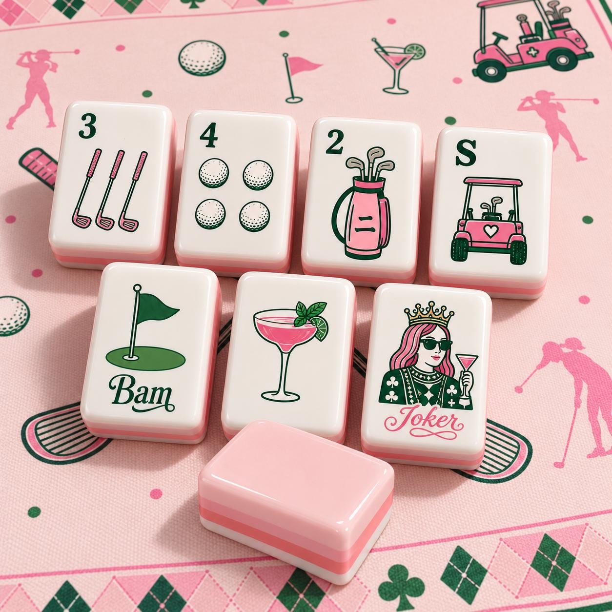 Pink Golf Mahjong Set, Luxury Country Club American Mahjong Tiles, Feminine Golf Theme Game Set with Preppy Sports Inspi